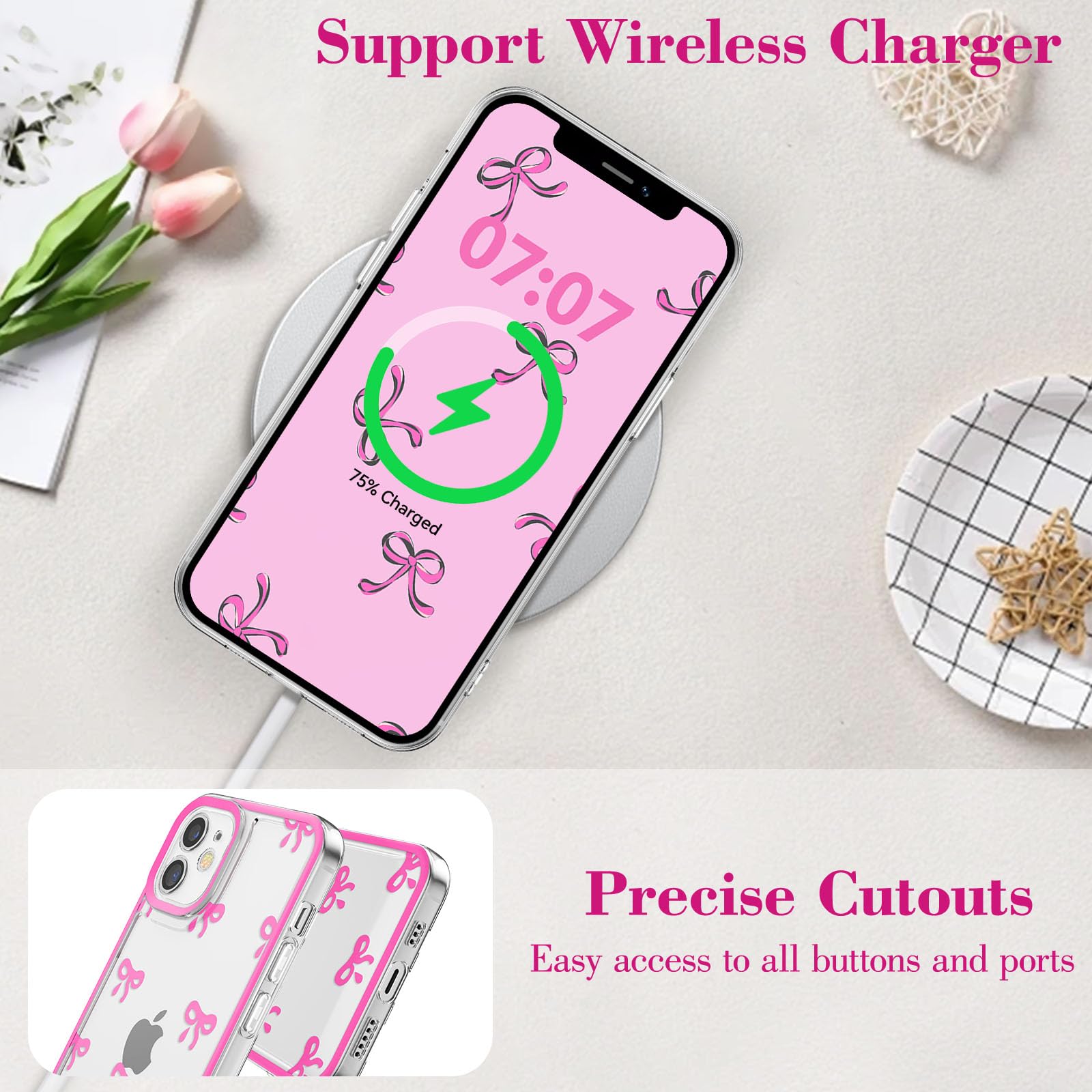 Eyzutak Case For Iphone 11, Clear Cute Ribbon Bowknot Pattern Aesthetic Transparent Phone Case Raised Camera Protection Stylish