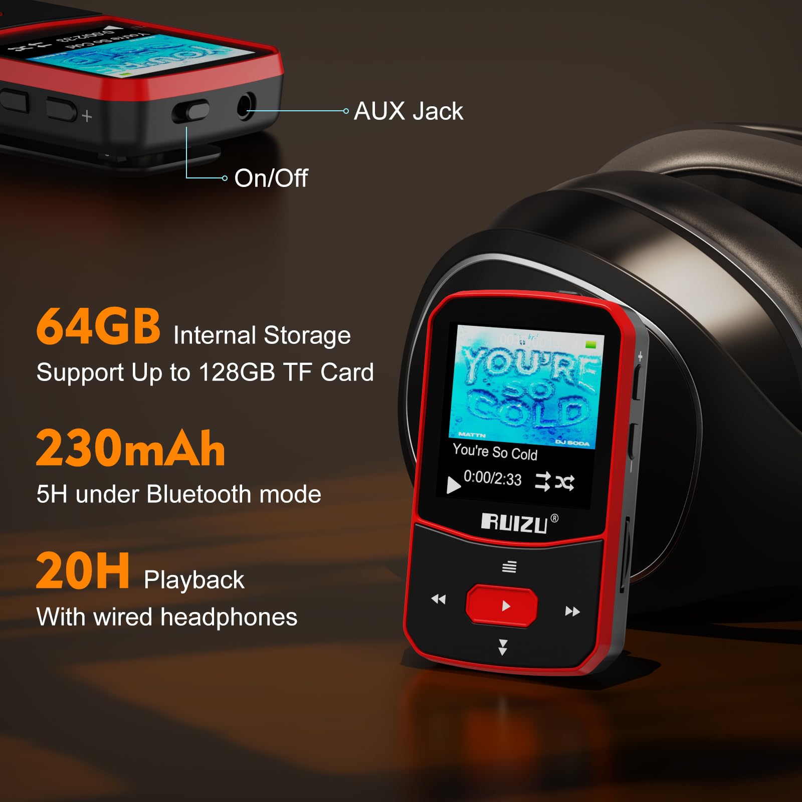 Ruizu 64Gb Clip Mp3 Player With Bluetooth 5.3, Portable Music Player With Voice Recorder For Sports Running, Fm Radio, Pedometer, A B Repeat, Audio Shuffle Playback, Support 128Gb Micro Sd Card, Red