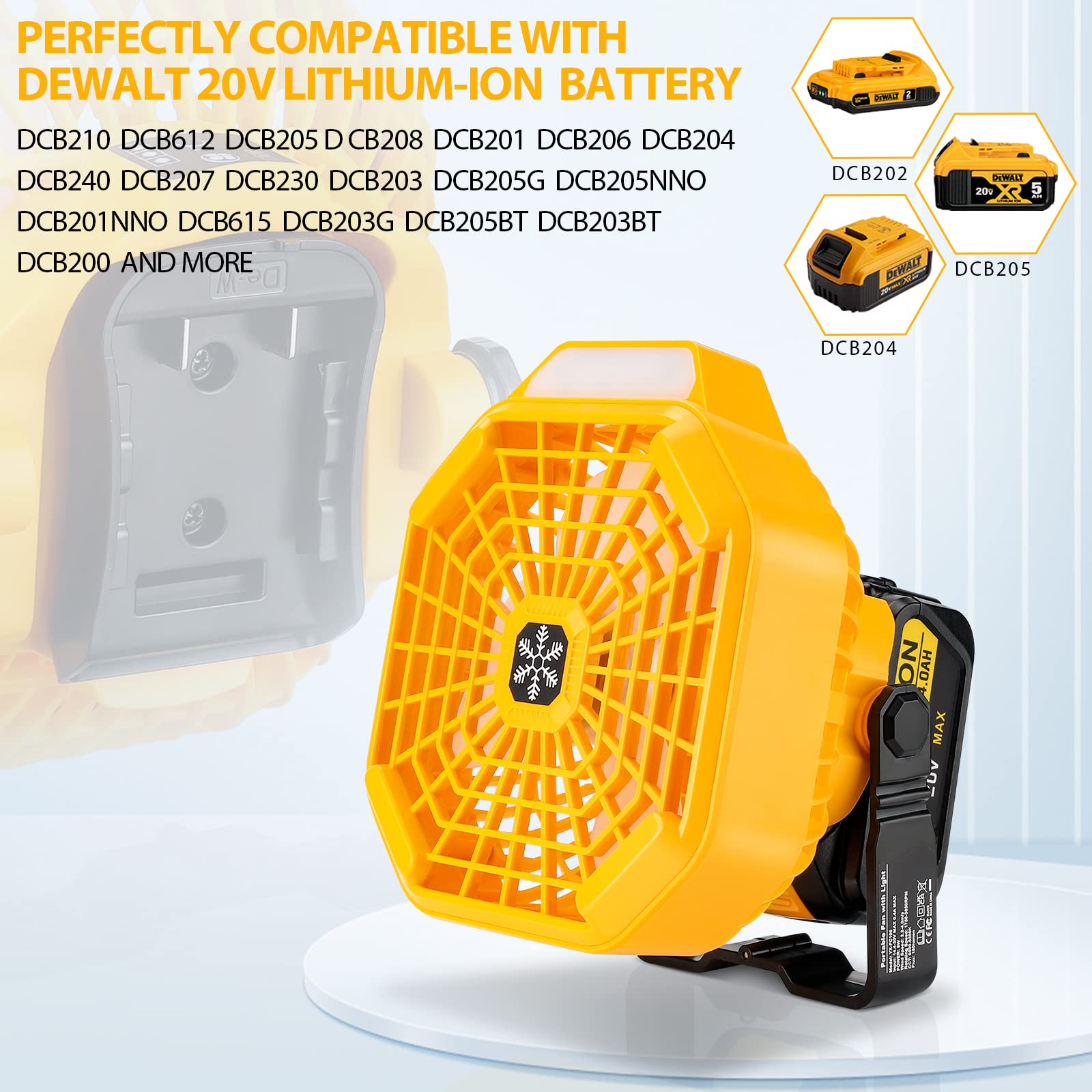 Taingwei Portable Fan With Remote For Dewalt 20V 60V Battery,Battery Operated Fan With 3 Energy Efficient Speed Settings And Dim