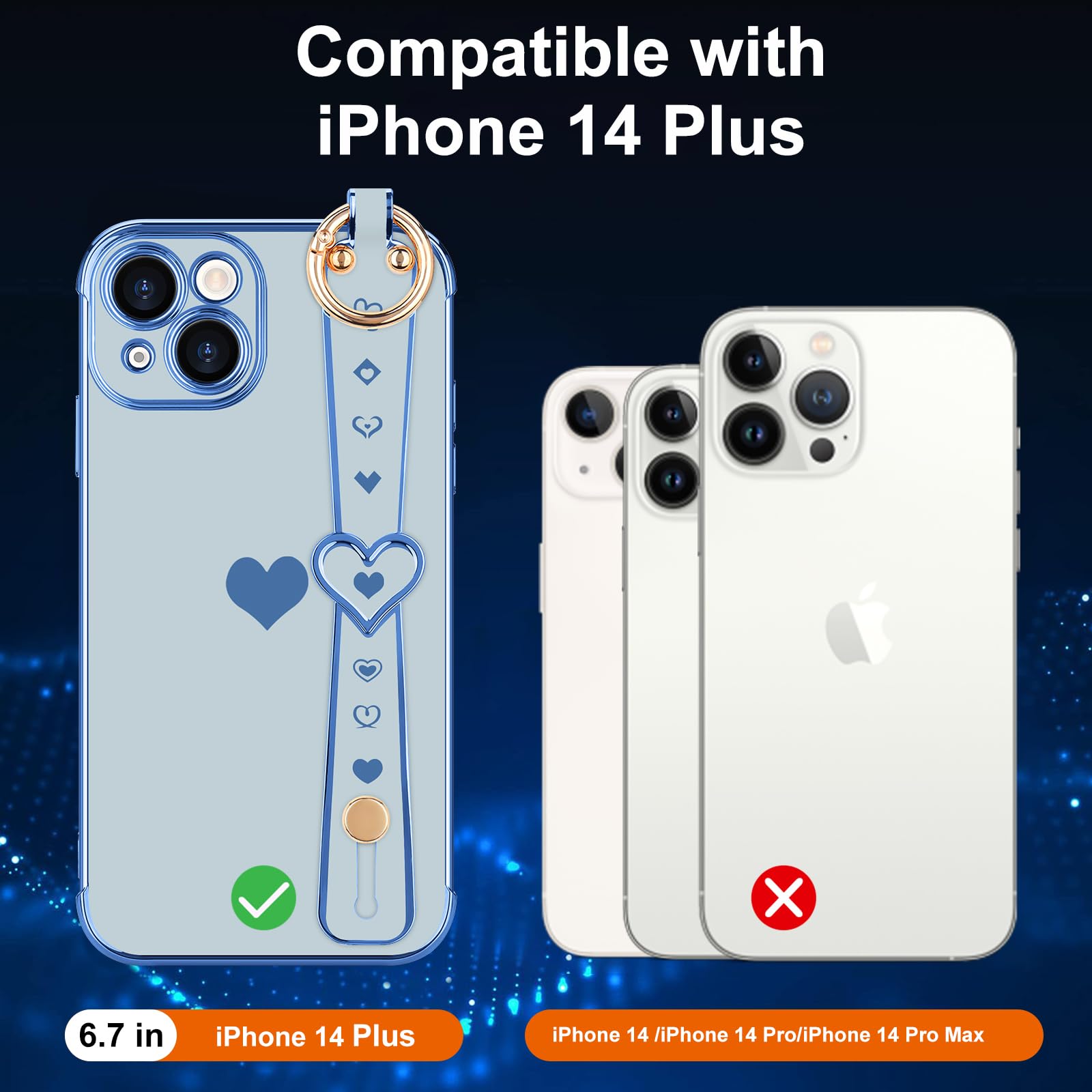 Llz.Coque For Iphone 14 Plus Case Cute Love Heart Plating Strap Phone Cover For Women Girls Bling Soft Silicone Camera Lens Prot
