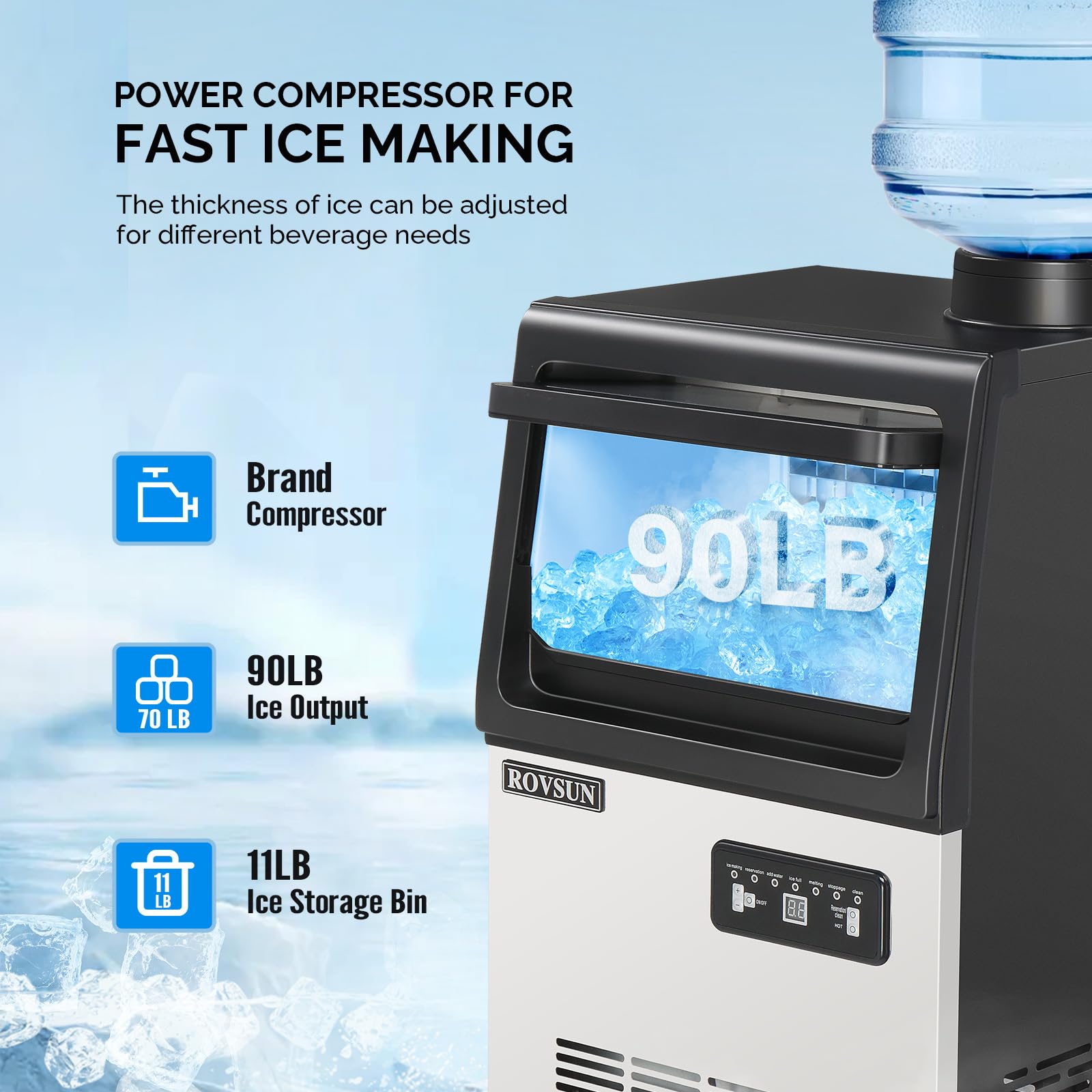Rovsun 90Lbs/24H Commercial Ice Maker With 2 Water Inlets, Stainless Steel Ice Machine Countertop & Freestanding For Restaurant