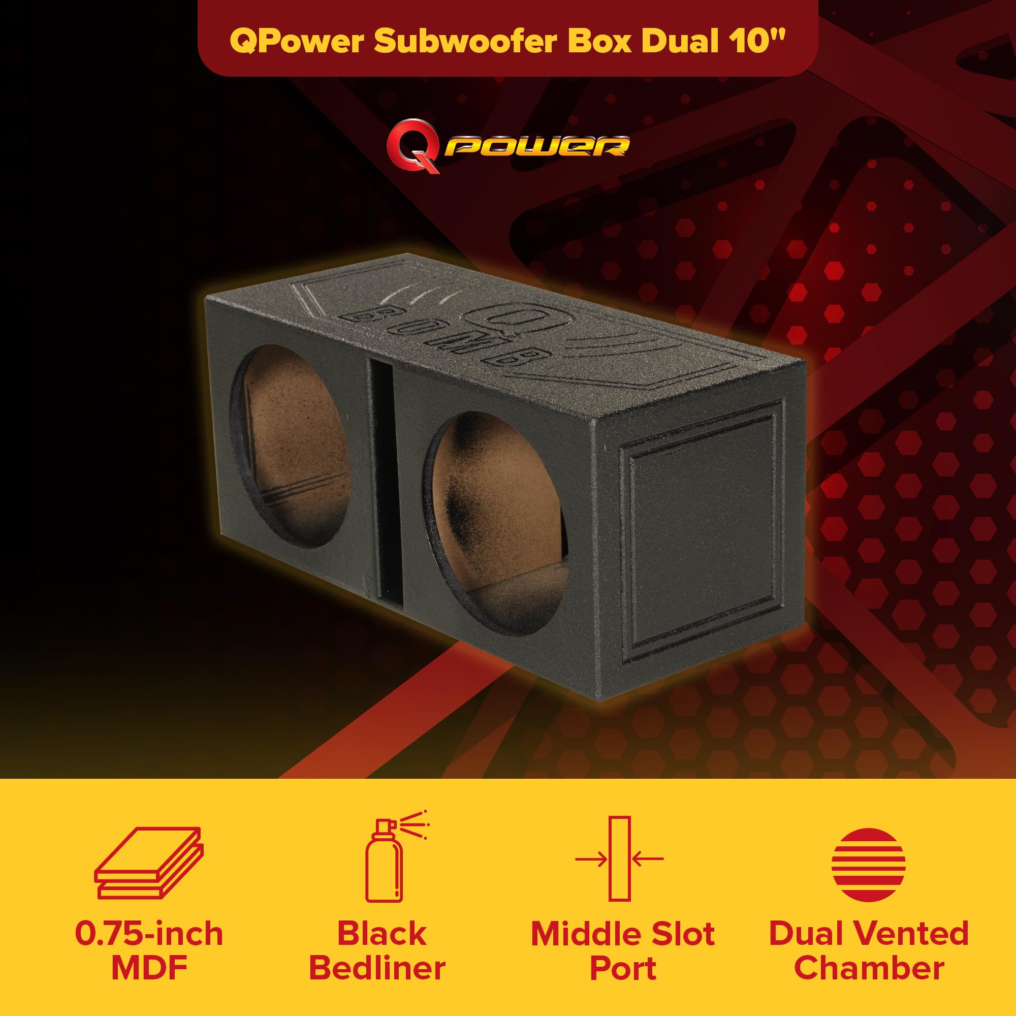 Q Power Qbomb10V Dual 10 Inch Vented Port Subwoofer Sub Box, 1 Cubic Foot Per Sub, Tuning Frequency 40 Hz, With Bedliner Spray