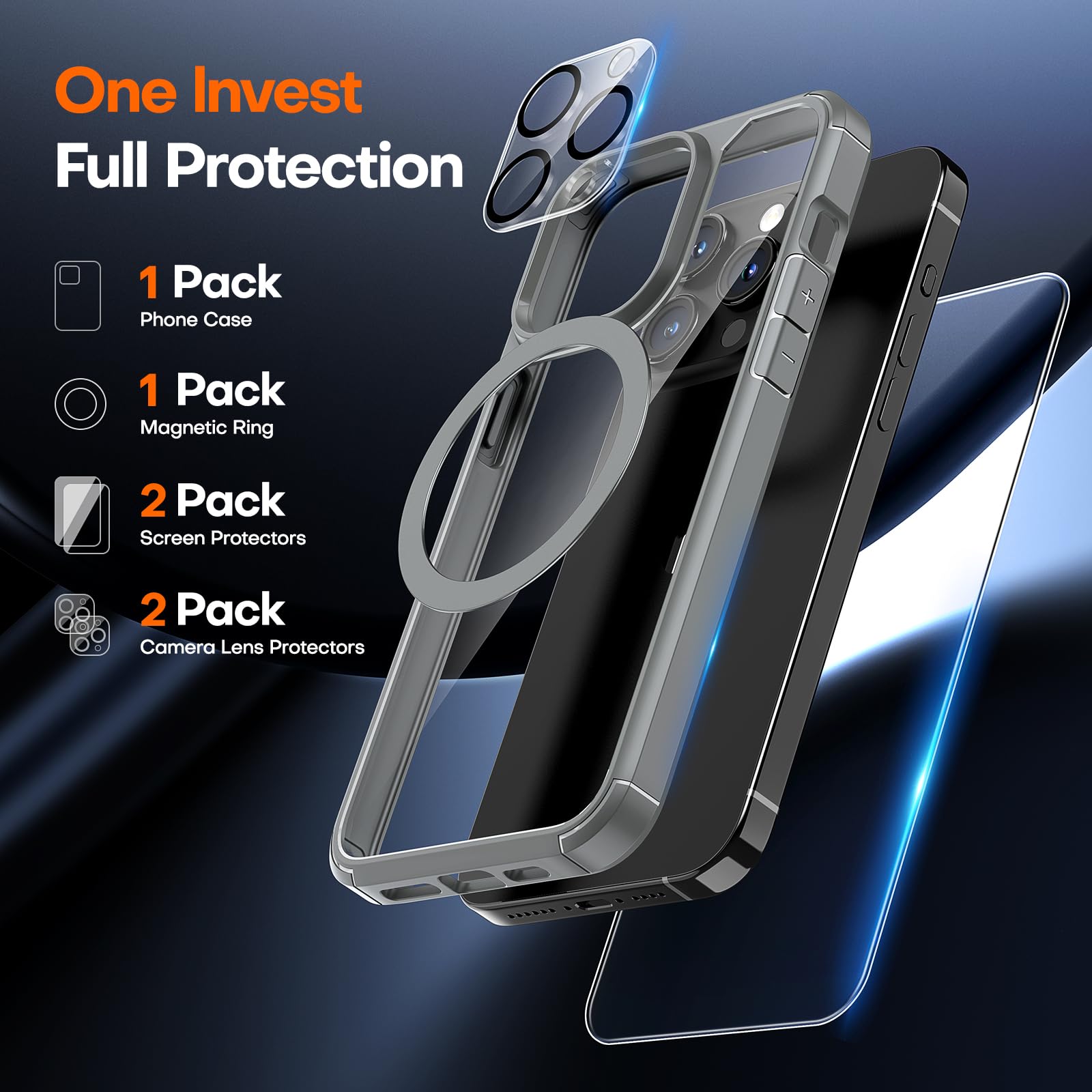 Tauri 5 In 1 For Iphone 15 Pro Case, [Not Yellowing] With 2X Screen Protector + 2X Camera Lens Protector, [Military Grade Drop P