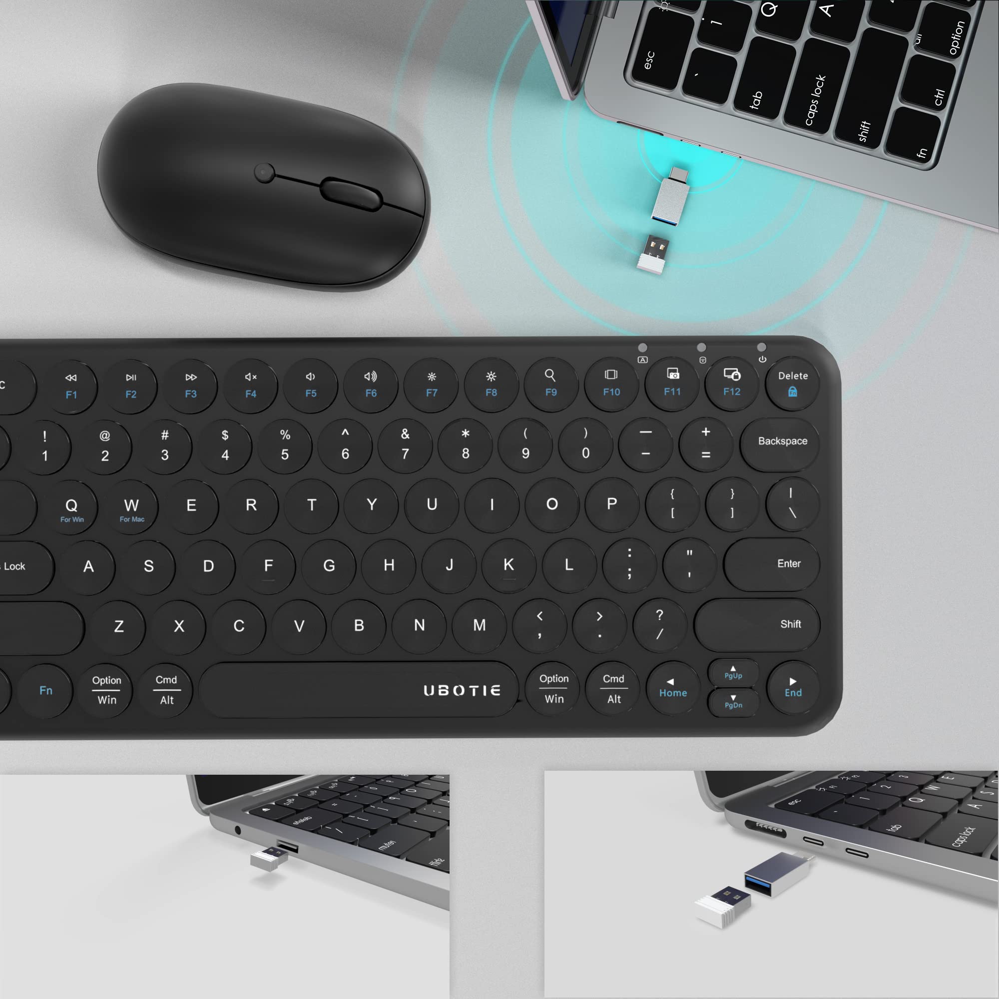 Mini Computer Wireless Keyboard And Mouse Combo, Ubotie Colorful Compact Silent Linear Switch Round Keycaps Tkl Keyboards With O