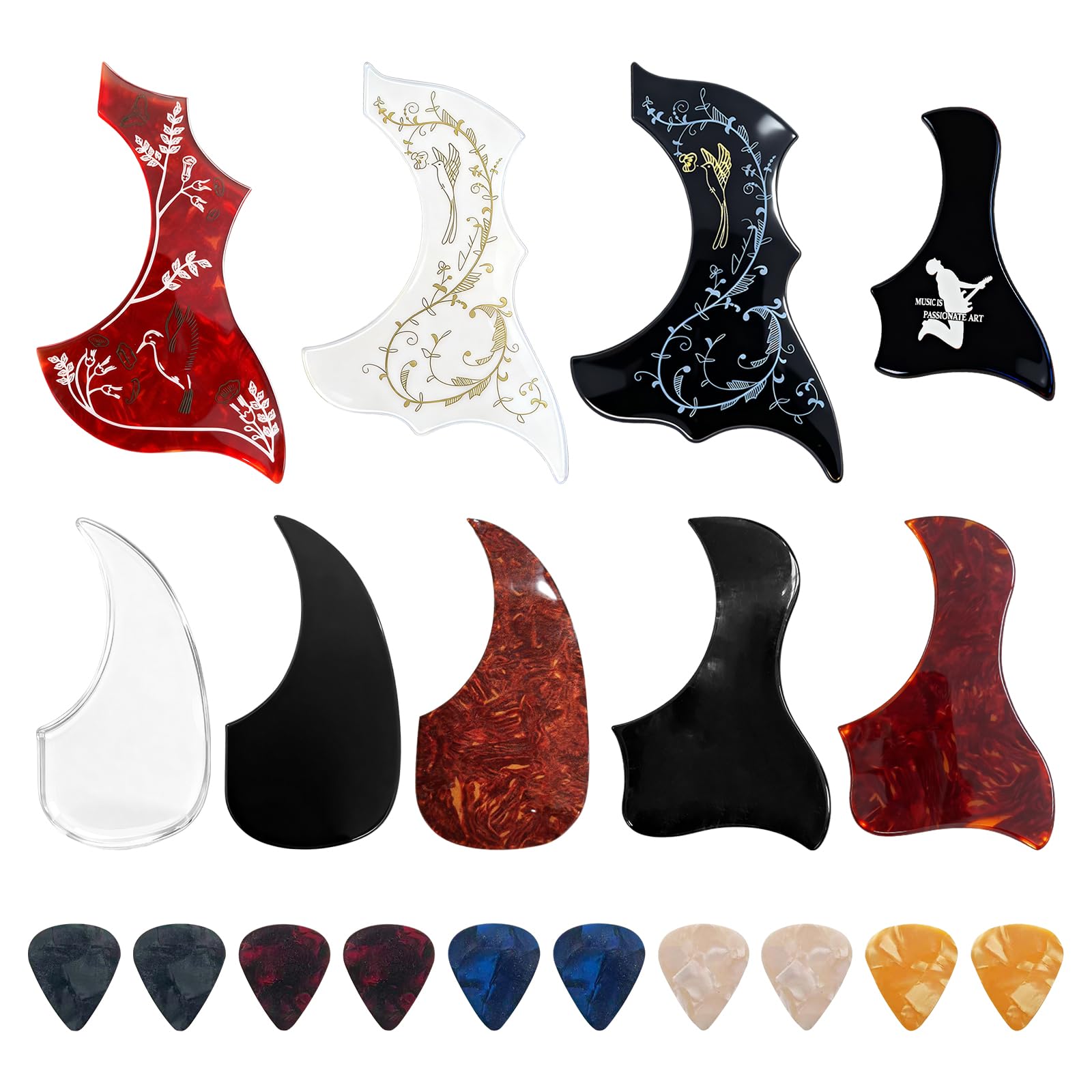 9pc sacoustic guitar pickguard with 10 pcs gitar pick, Hummingbird and Water Shaped Self Adhesive