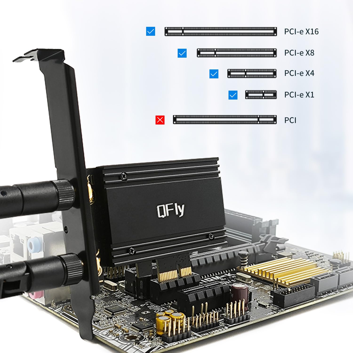 Qfly Pcie Wifi 6E Card, Ax210 Network Card Adapter For Pc Gaming, Bluetooth 5.3, Tri Band (802.11Ax) 5400Mbps 6Ghz Wireless Lan