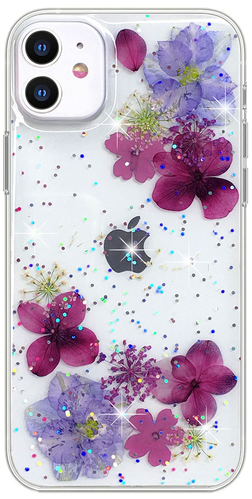 Abbery For Iphone 11 Case Flower Clear With Pressed Dried Real Flower Design Bling Glitter Sparkle Soft Tpu Rubber Purple Aesthe