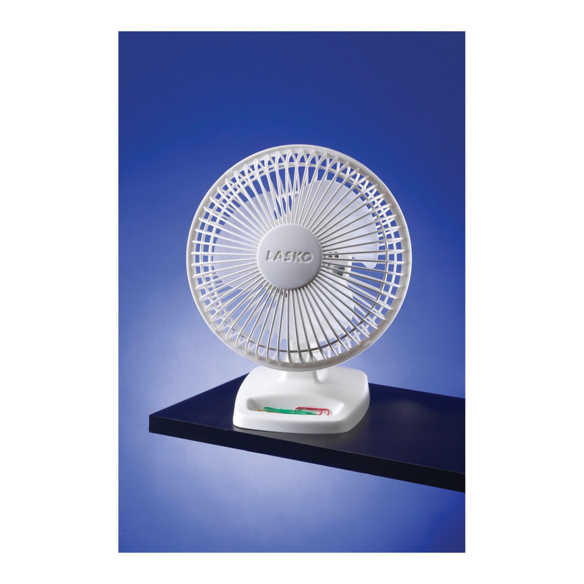 Lasko Personal Table Fan With Storage Tray, 2 Quiet Speeds, Tilt Back Fan Head For Home Office, Bedroom, 6'', White, 2002W