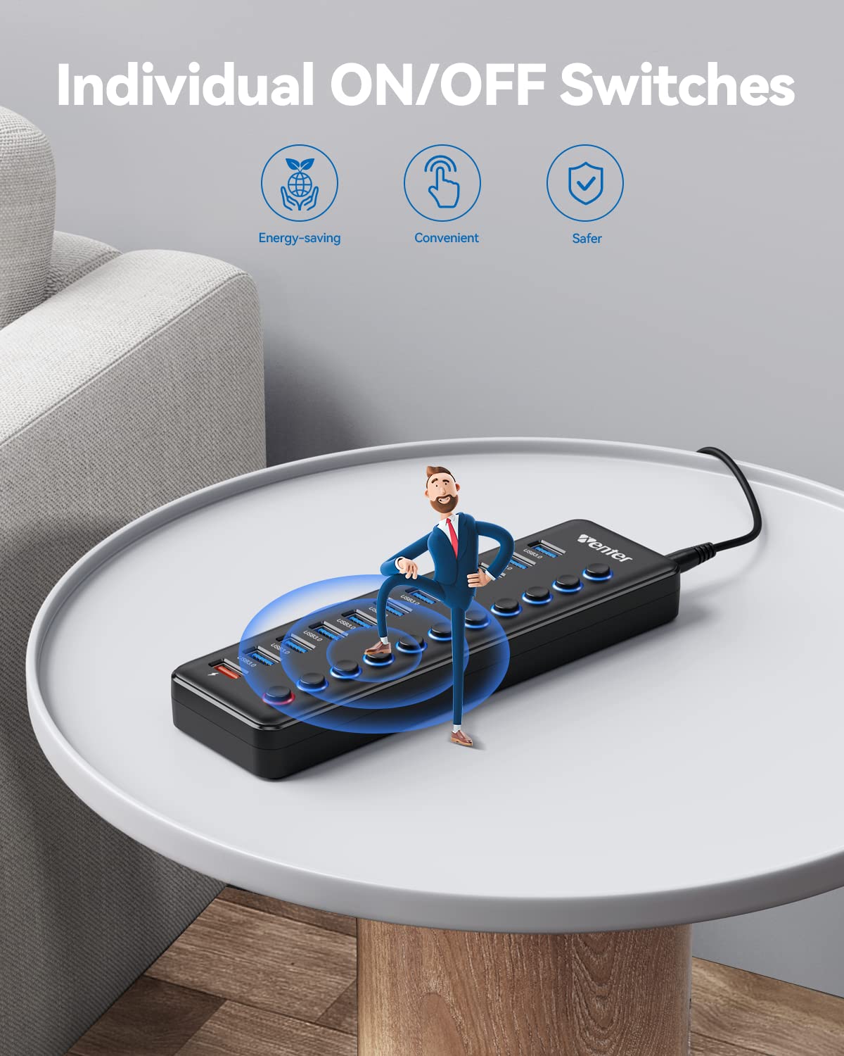 Powered Usb Hub, Wenter 11 Port Usb Splitter Hub (10 Faster Data Transfer Ports+ 1 Smart Charging Port) With Individual Led On/Off Switches, Usb Hub 3.0 Powered With Power Adapter For Mac, Pc