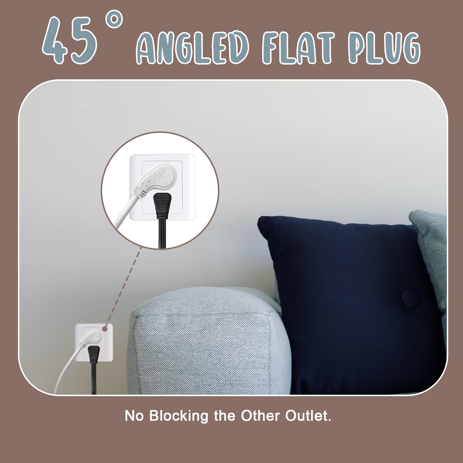 Greatide 3 Ft Flat Plug Extension Cord,16/3 Sjt Indoor Low Profile 3 Outlets Extension Cable With 45 Angled Flat Plug, Multiple