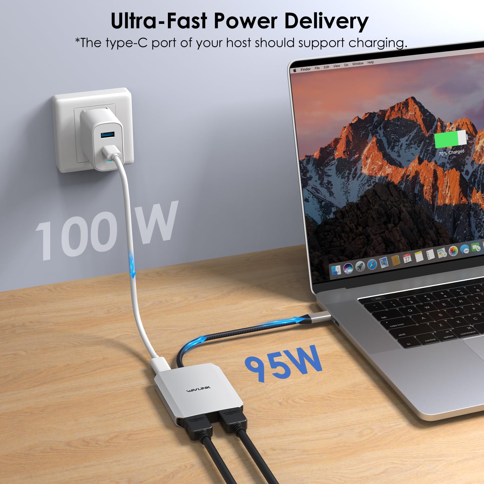 Usb C To Dual Hdmi Adapter, Wavlink Dual 4K@60Hz Hdmi Adapter With 100W Power Delivery For Dell Xps, Hp, Lenovo, Thunderbolt 3/4