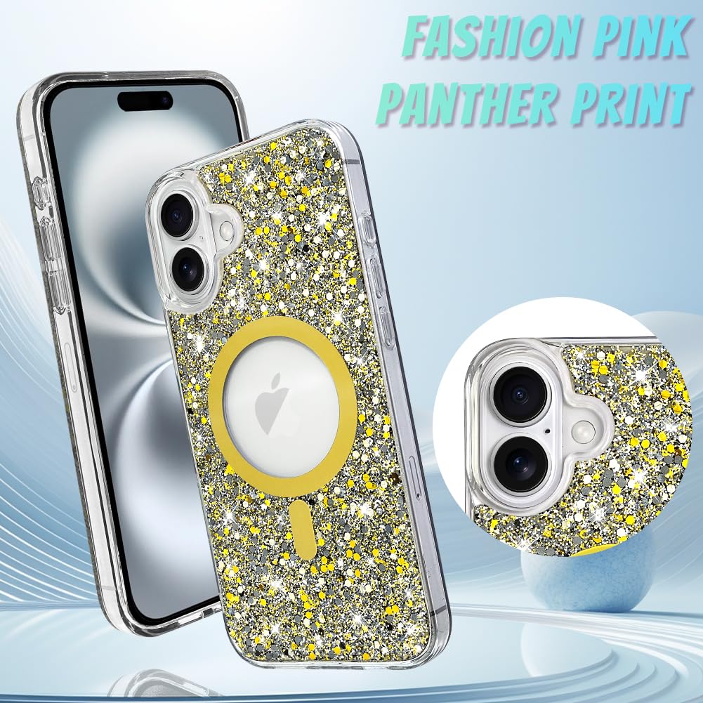 Bonoma For Iphone 16 Case, Gold Glitter Bling Back, Magnetic Support For Magsafe Shockproof Case, Crystal And Clear High Duty Pr