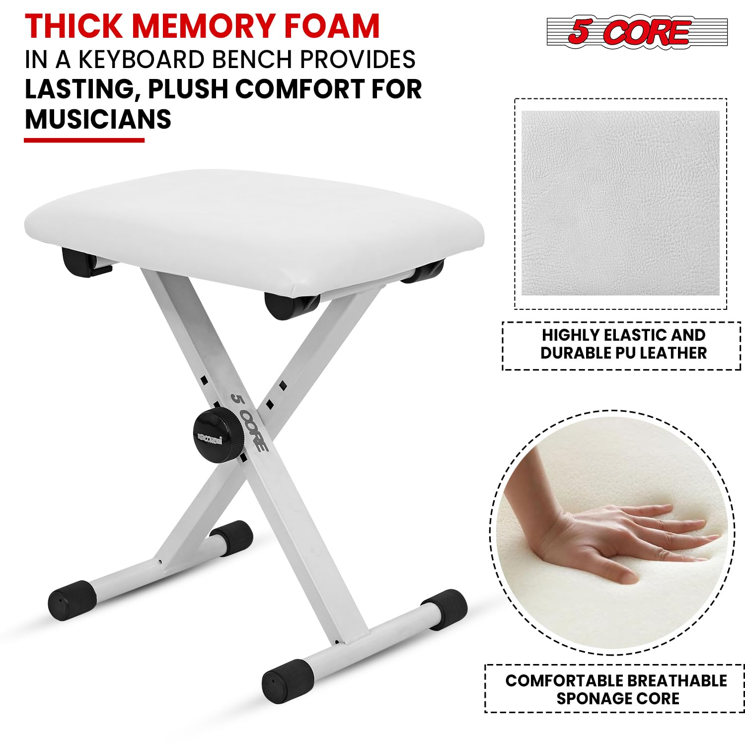 5Core Portable Piano Keyboard Music X Style Adjustable Padded Stool Chair Seat Bench White Kbb 02 Wh(D0102H73Rcx)