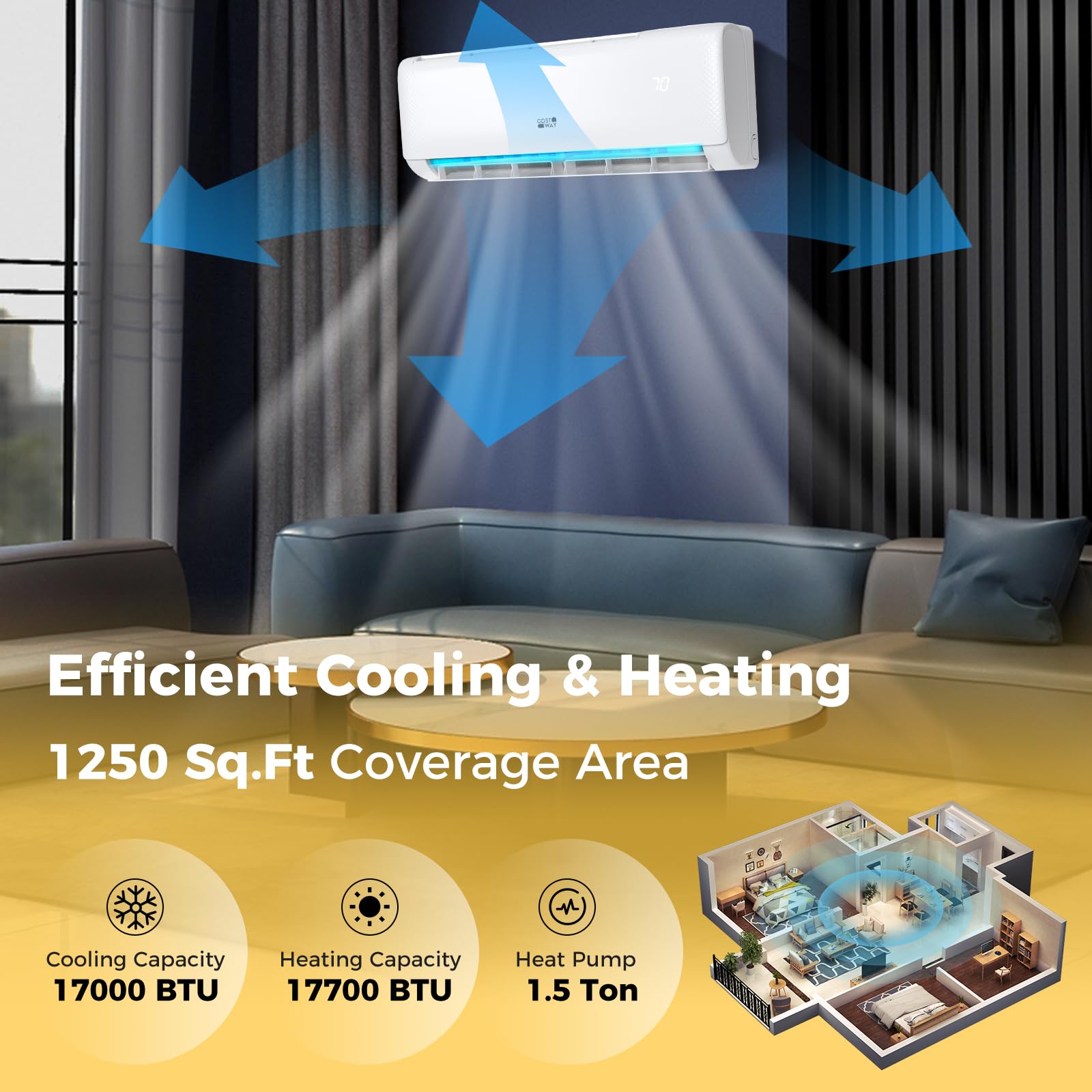 Costway 18,000 Btu Mini Split Air Conditioner, Energy Star, With Heat Pump, 21 Seer2 Inverter Split Ac Unit With 24H Timer, Remo