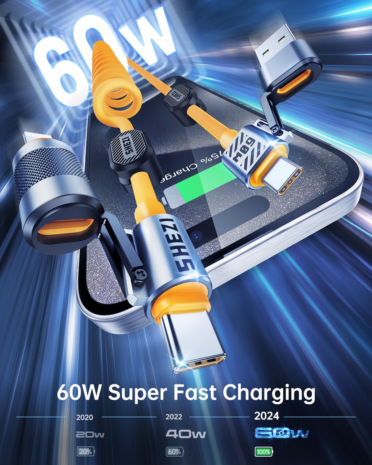 Vexipia 4-in-1 Coiled USB C to Lightning Charging Cable 60W Fast Charging CarPlay Android Auto Multi-Port Silicone Yellow 5ft