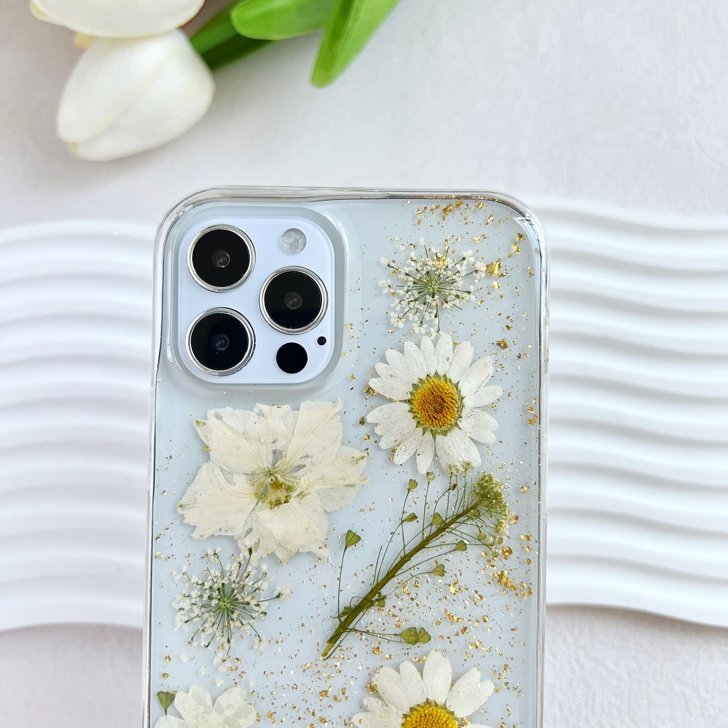Lseeka For Iphone 12 Pro Max Clear Case With Pressed Real Flowers Design,Glitter Cute White Floral Pattern Slim Soft Tpu Protect