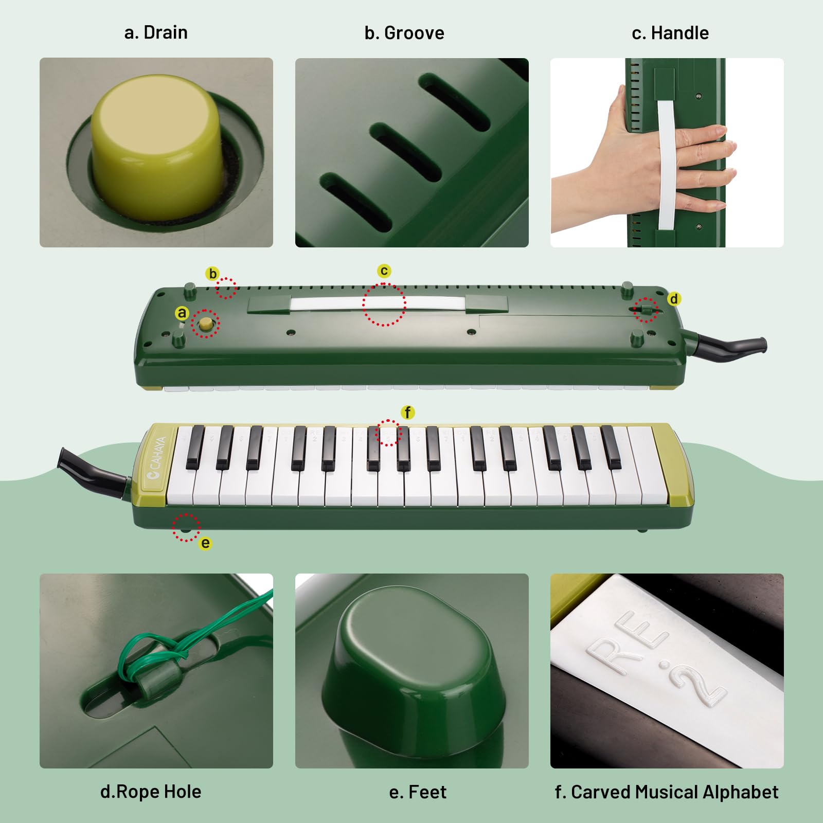 Cahaya Melodica Instrument 32 Keys Green Double Tubes Mouthpiece Air Piano Pianica Keyboard Musical Instrument With Carrying Bag