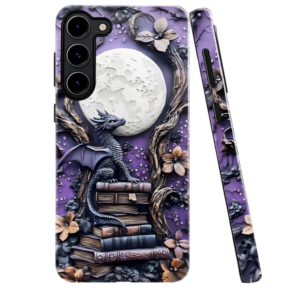 Case for Samsung Galaxy S23 Plus,Purple Dragon Book Moon Flower Phone Case Military-Grade Drop Protection Cover for Women Girl -