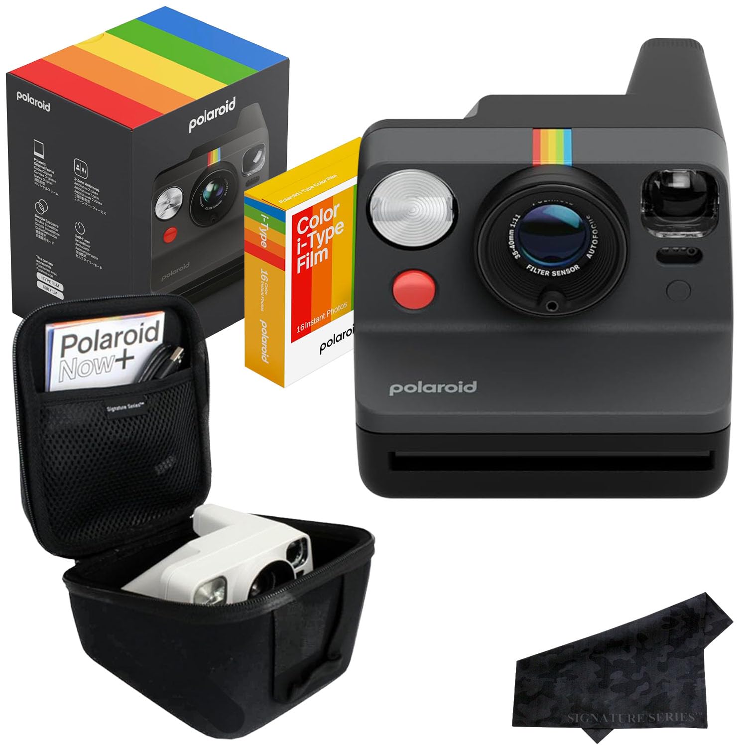 Polaroid Now 3rd Generation i-Type Instant Film Camera with 16 Color Film Photos, Black, with Signature Series Case Bundle
