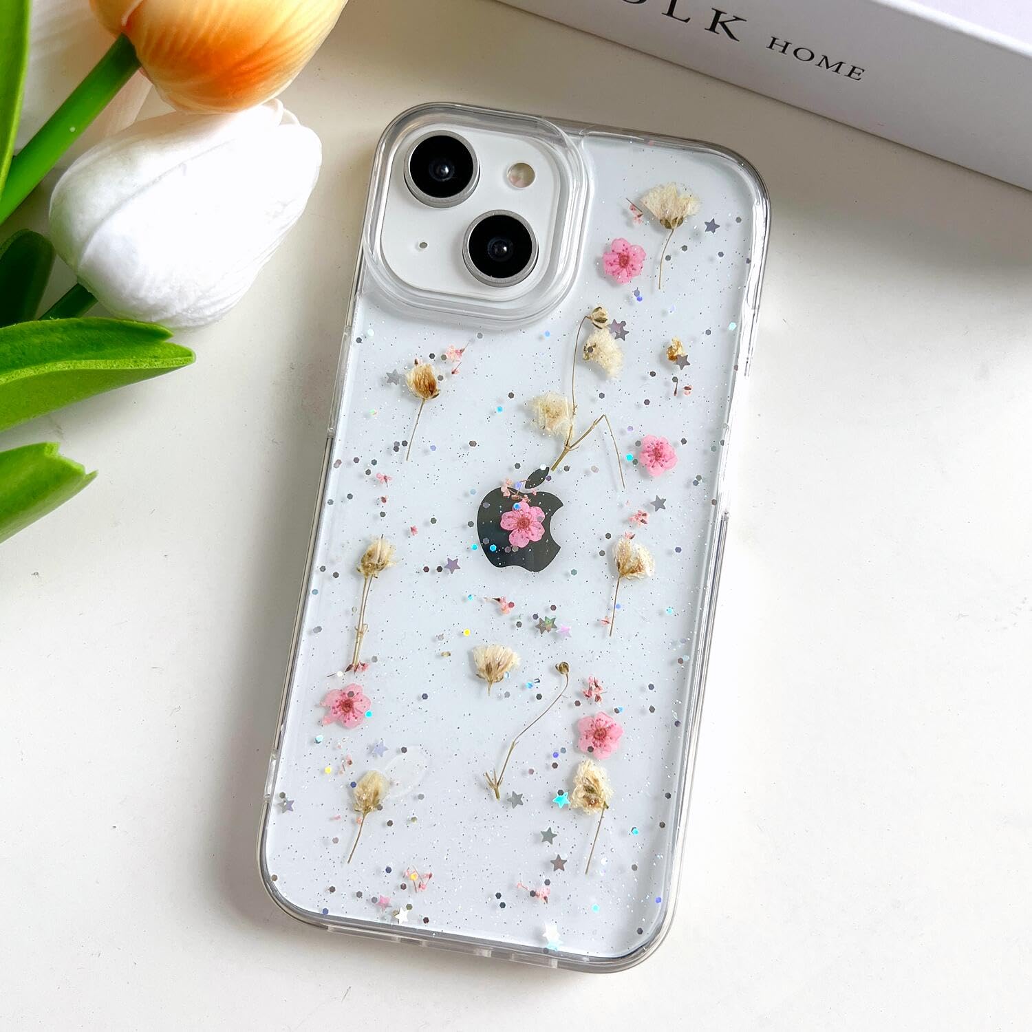 Lseeka For Iphone 15 / Iphone 14/ Iphone 13 Clear Case With Pressed Real Flowers Design,Glitter Cute Pink Floral Pattern Soft Tp
