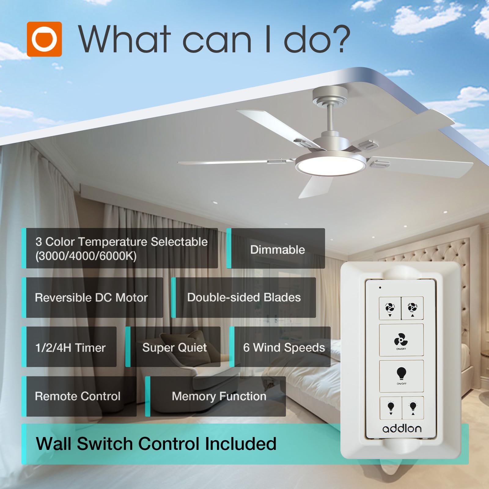 Addlon Ceiling Fans With Lights, 52 Inch Silver Ceiling Fan With Light And Remote Control, Reversible, 3Cct, Dimmable, Noiseless