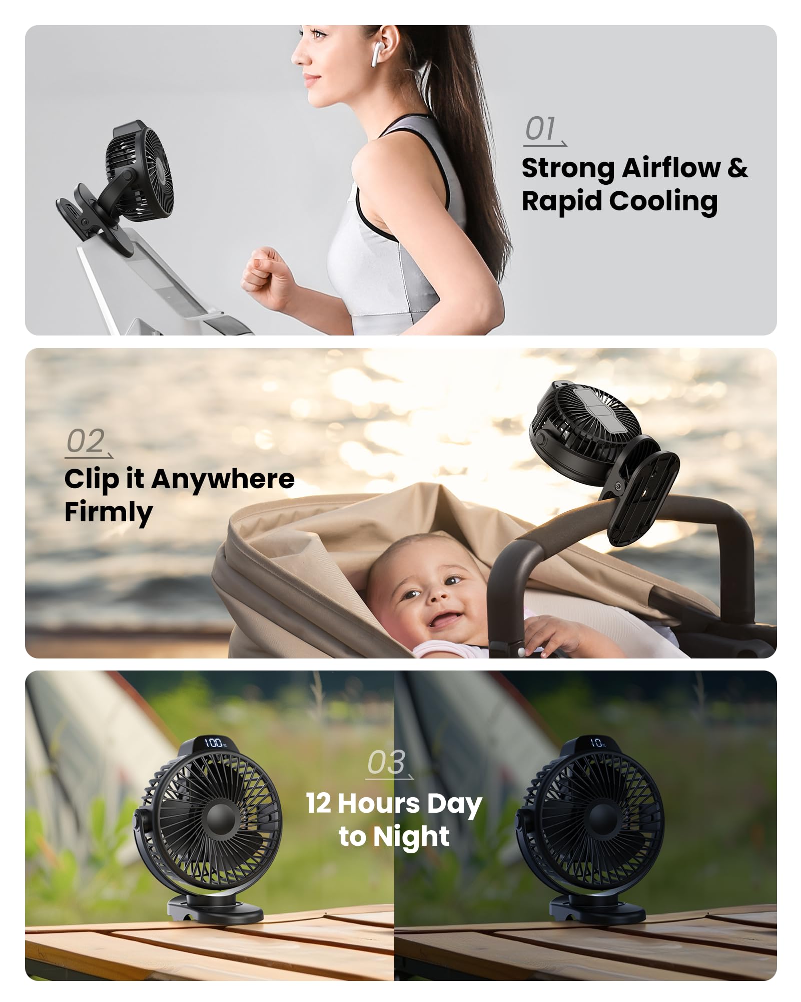 Koonie Portable Clip On Fan, Small Usb Fan Battery Operated, 3 Speed Rechargeable Mini Fan With Led Display, 360 Rotate Personal