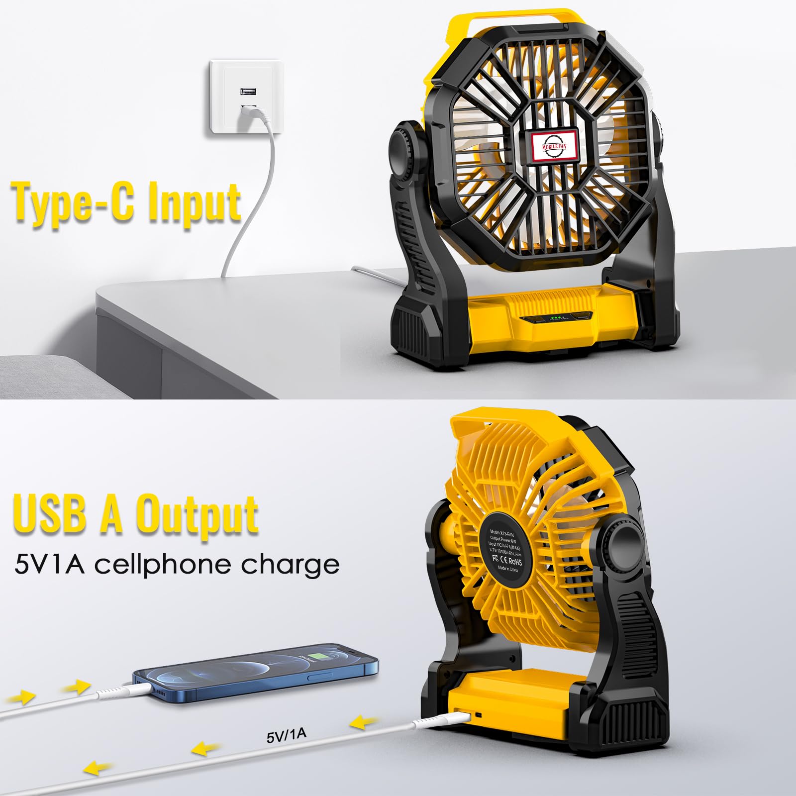 Sendowtek Portable Battery Fan With Led Light, 10400Mah Quiet Rechargeable Tent Fan With Hanging Hook 4 Speed Small Usb Battery
