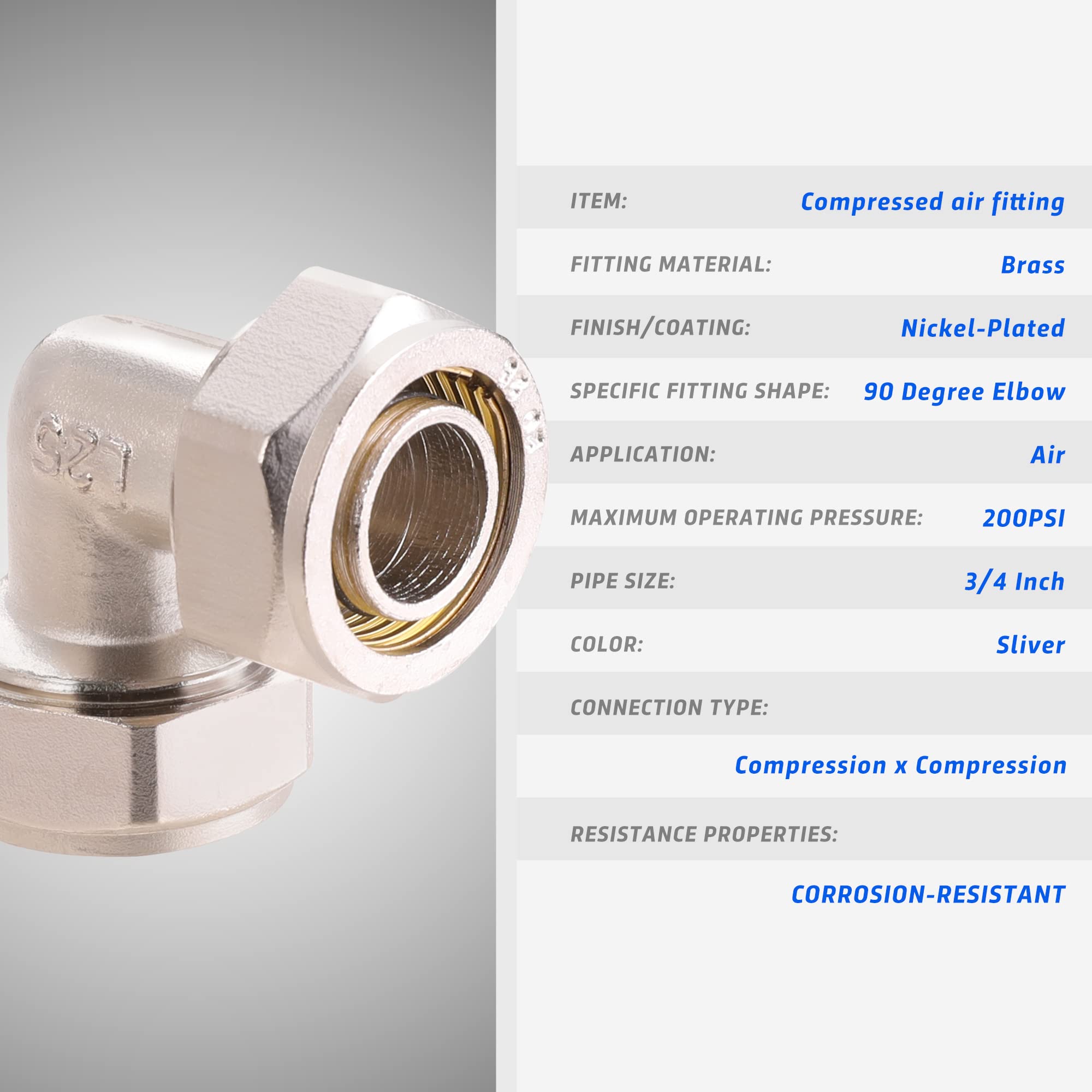 Ancimoon 2Pc 3/4 Elbow Air Piping Fittings, 3/4 Tubing X 3/4 Tubing, Brass Nickel Plated, 200Psi, Air Tubing Fittings For Shop G