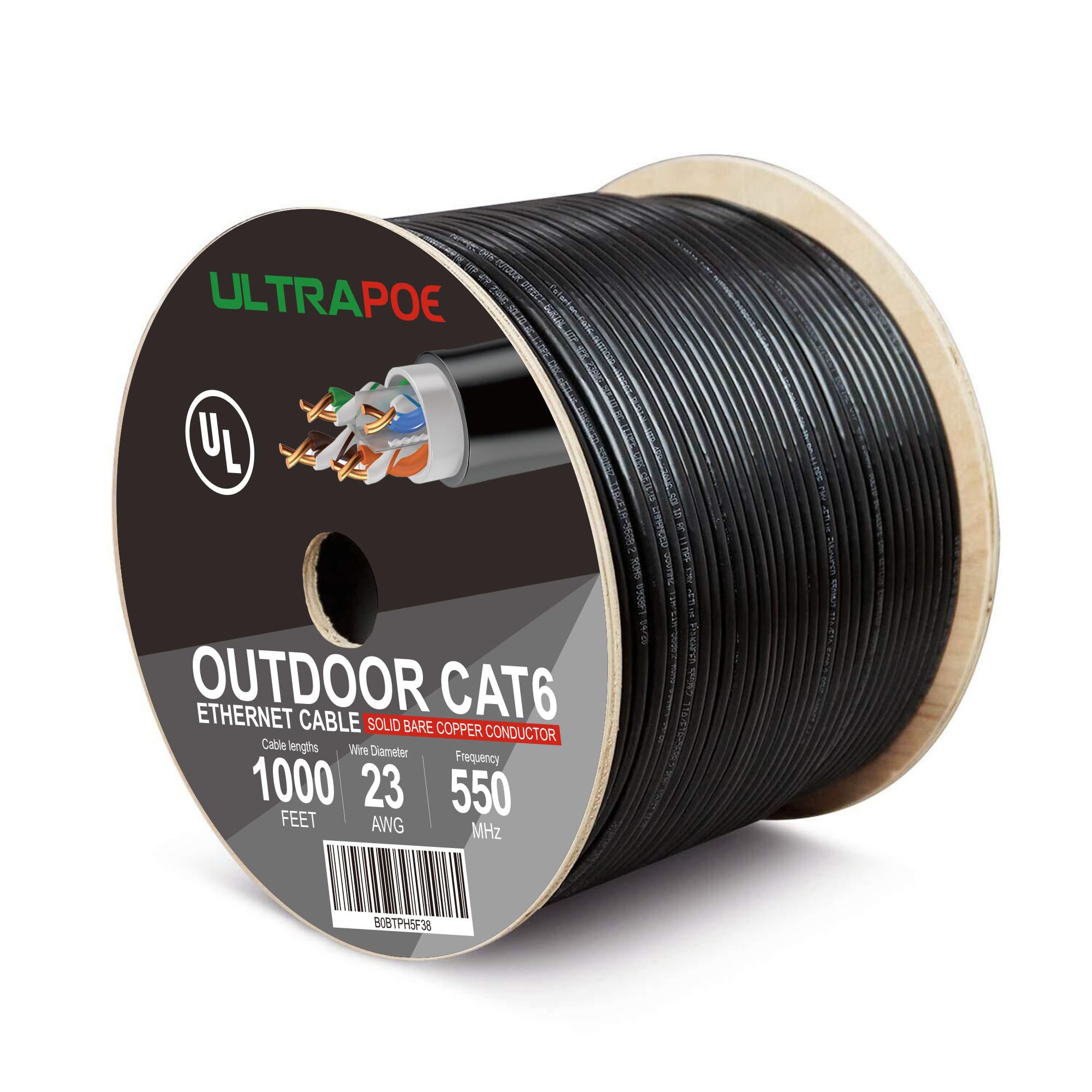 Ultrapoe Outdoor Direct Burial Cat 6 Ethernet Cable 1000Ft,Waterproof Uv Resistant,23Awg Solid Bare Copper,550Mhz,Poe++ (4Ppoe),Ul Listed,Unshielded Utp,Cmx,Network Internet Wooden Axle Bulk Black