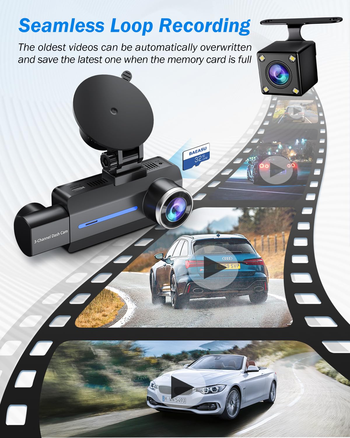 Baeasu Dash Cam Front And Rear 2.5K/1440P, 3 Channel Dash Camera For Cars Dash Cam Front Rear And Inside With 32Gb Card, 3.16  I