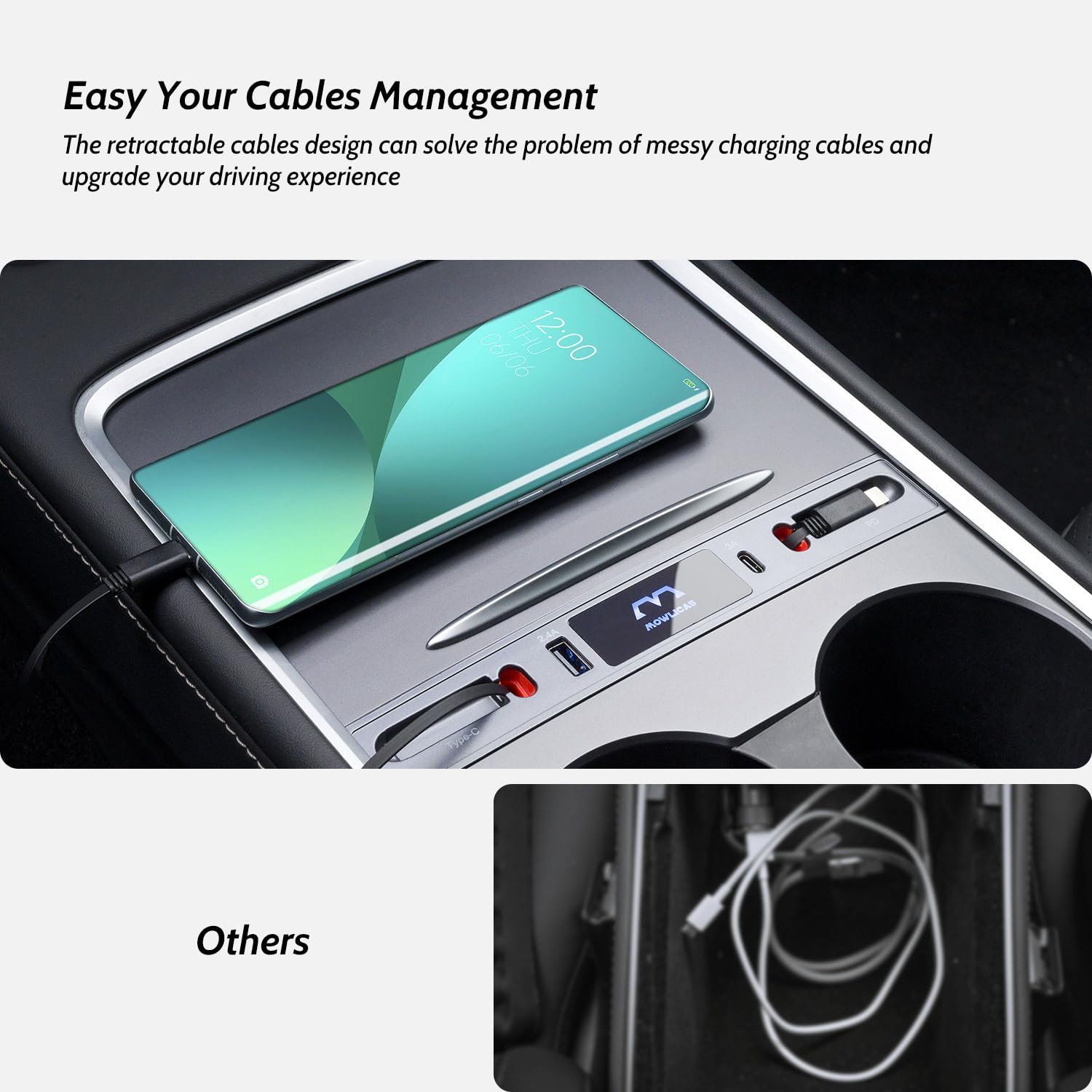 Mowlicas Upgrade Touch Switch Design For Tesla Usb Hub (Silver Gray), Retractable Car Charger Is Necessary Model Y 2024/2023/202