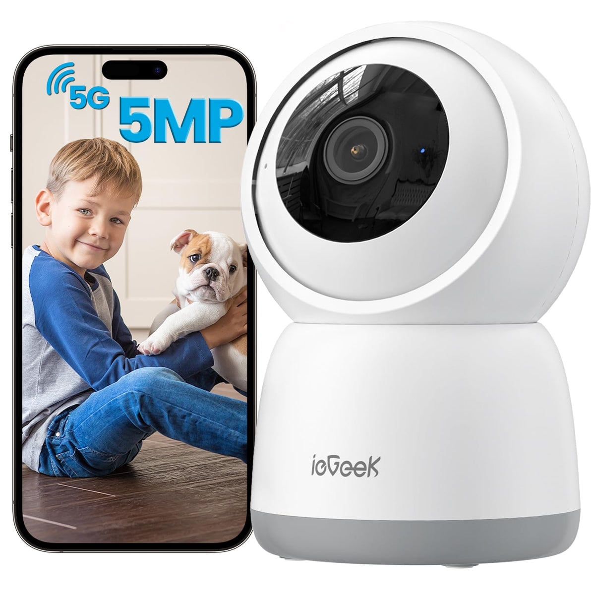 ieGeek 5MP Indoor Camera, 5G/2.4G WiFi Cameras for Home Security with Phone App, Pan/Tilt Smart Dog Cam for Pet/Baby Monitor w/M