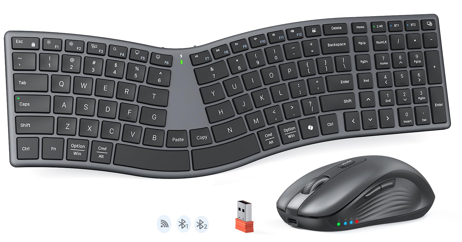 MEETION Wireless Ergonomic Keyboard and Mouse, Split SCurve Design, Black