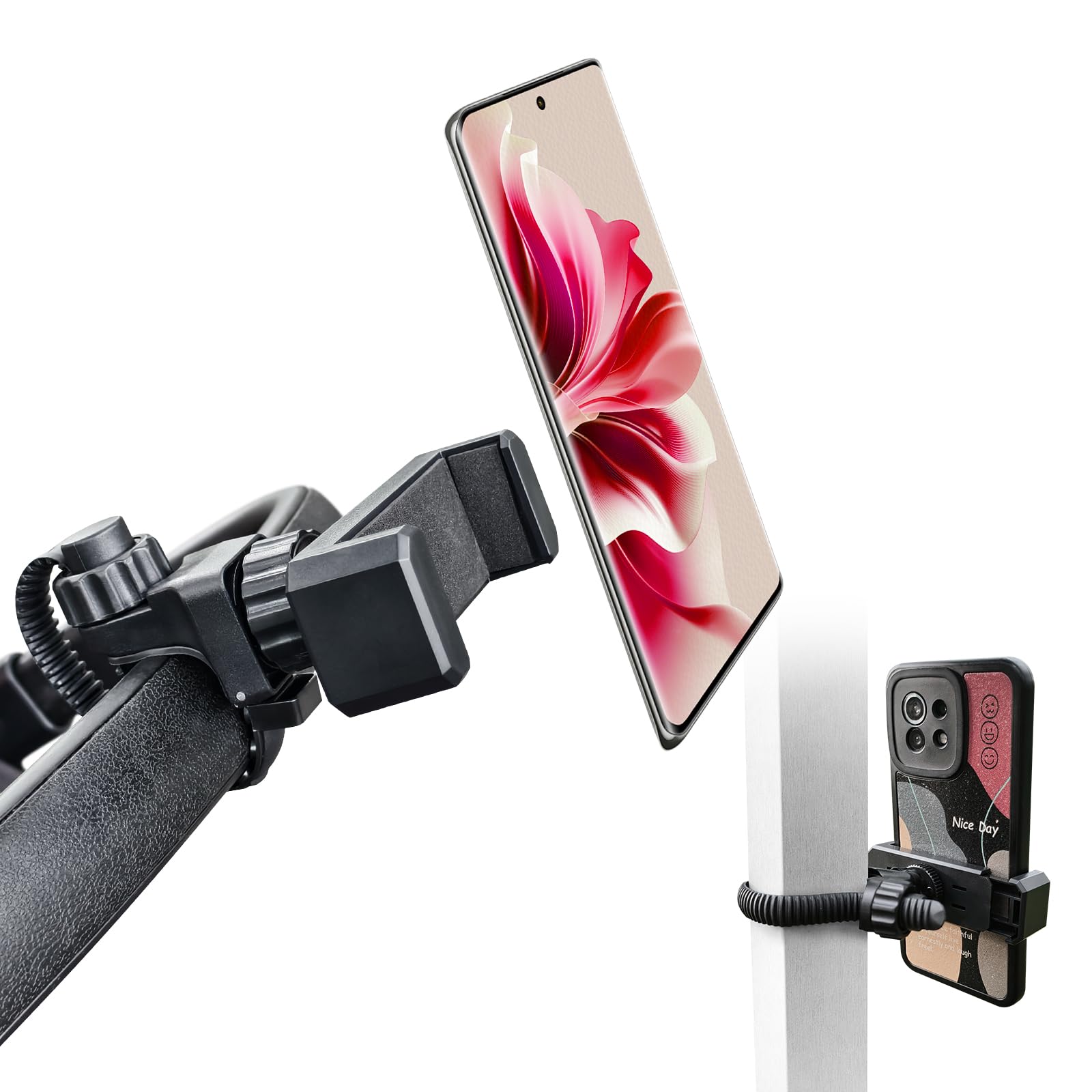 Phone Holder with Adjustable Strap,Wide Clamp Range,Fits Round,Square&Curved Surfaces,Clip Phone Mount for Mic Stands,Golf Carts