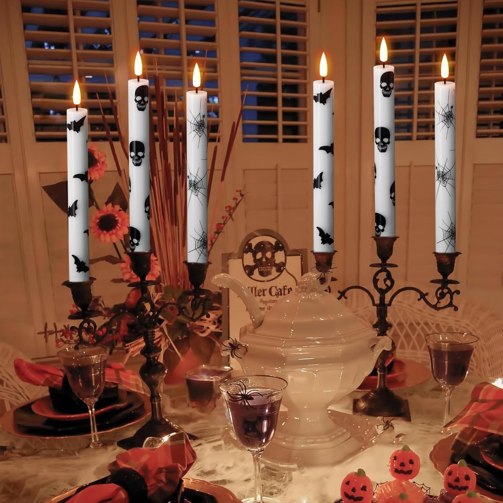 Wondise Halloween Flameless Taper Candles With Remote & Timer, Battery Operated Candles With Spider Web, Bats, Skull, Real Wax 3