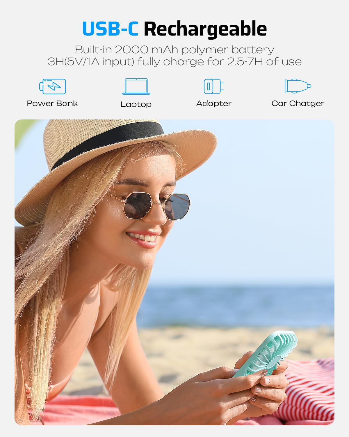 Otlonpe Mini Portable Handheld Fan, Small Rechargeable Pocket Travel Fan With Hand Held Desktop Modes, Foldable Stand, Lanyard,