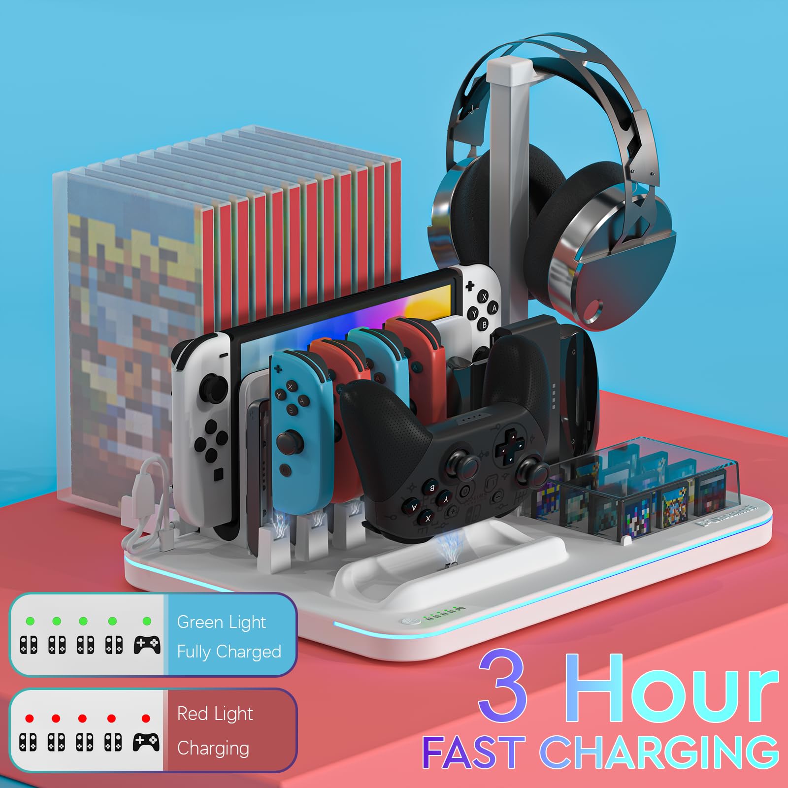 Hosanwell Switch Controller Charging Dock Station With Rgb Light, Switch Game Organizer Station For Nintendo Switch & Oled Joyco