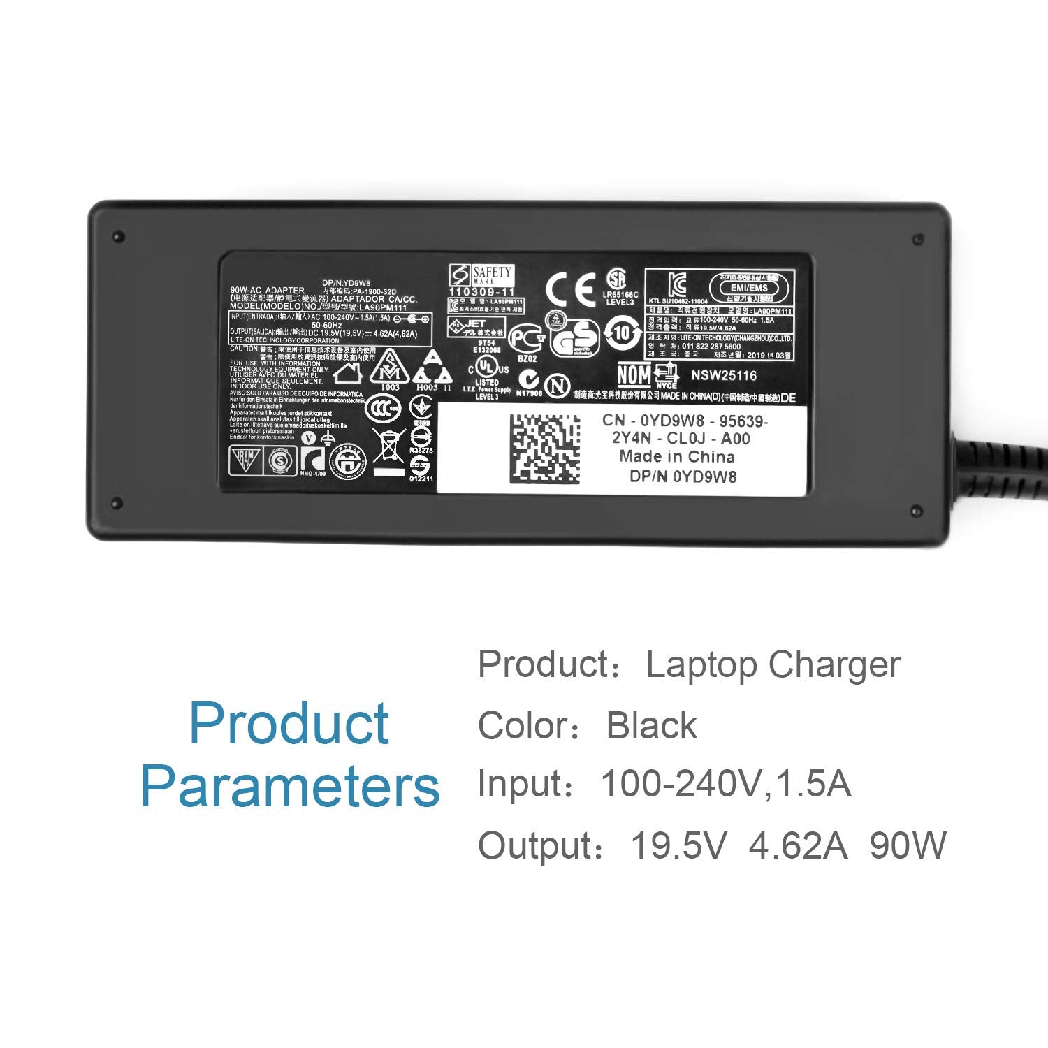 Juyoon 90W Optiplex Micro Charger Power Cord For Dell Optiplex 7000 7060 5060 7070 5070 Dell Inspiron 15 7590 7790 7500 17 7706 15 7501 7506 7510 16 5630 5635 7610 7630 Plus P125F (4.5 * 3.0Mm)