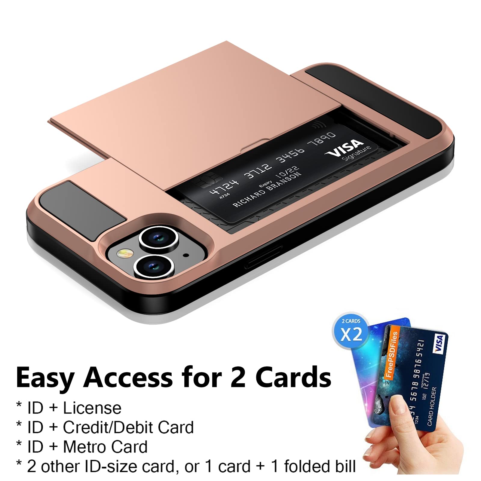 Vofolen Case Compatible With Iphone 15 With Card Holder, Dual Layer Shockproof Wallet Phone Case, Hidden Card Slot Sliding Prote