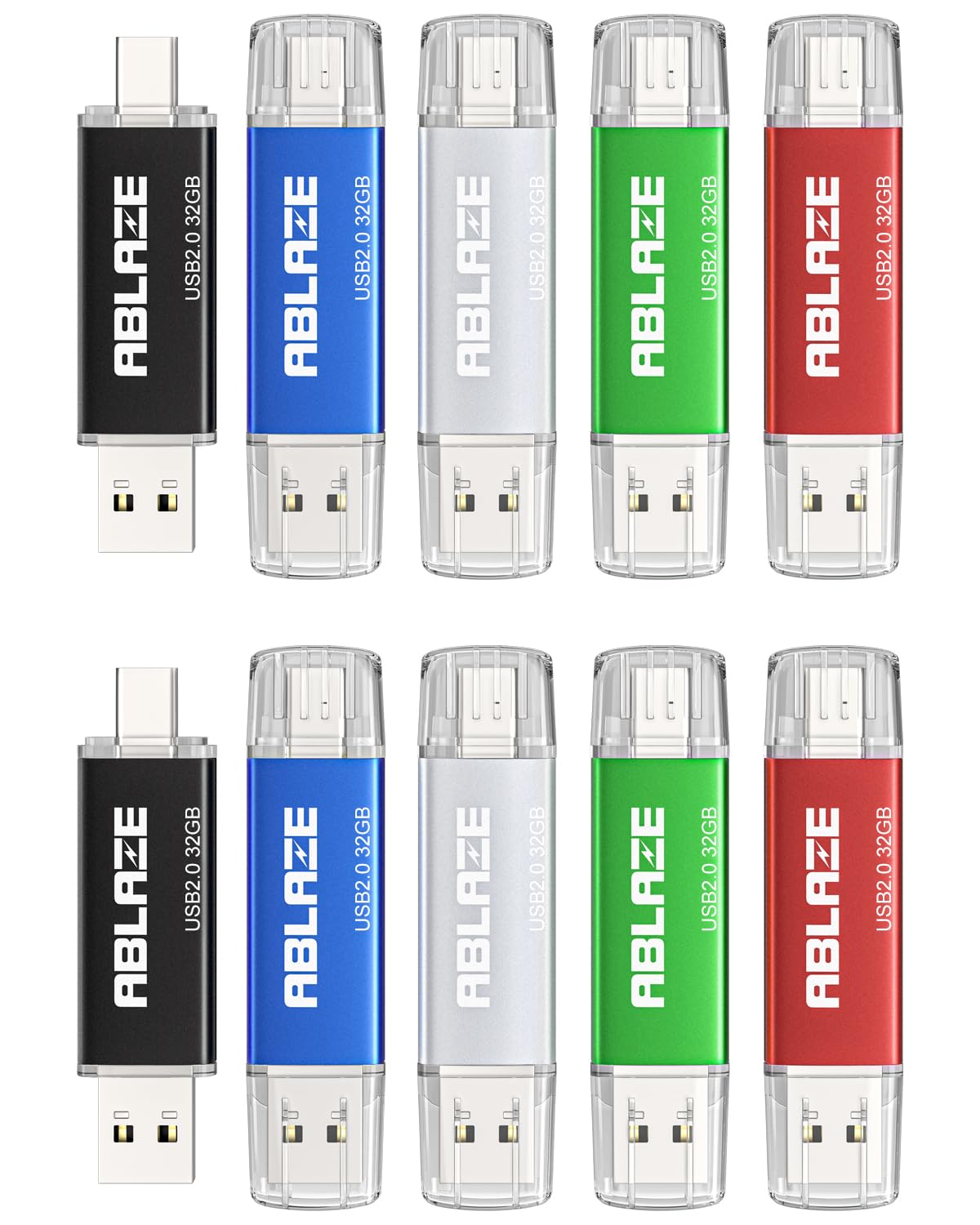 Ablaze 32Gb Type C Flash Drive 10 Pack, Dual Usb 2.0+Usb C Memory Stick 32Gb Thumb Drive For Iphone 15, Android Smartphone, Comp