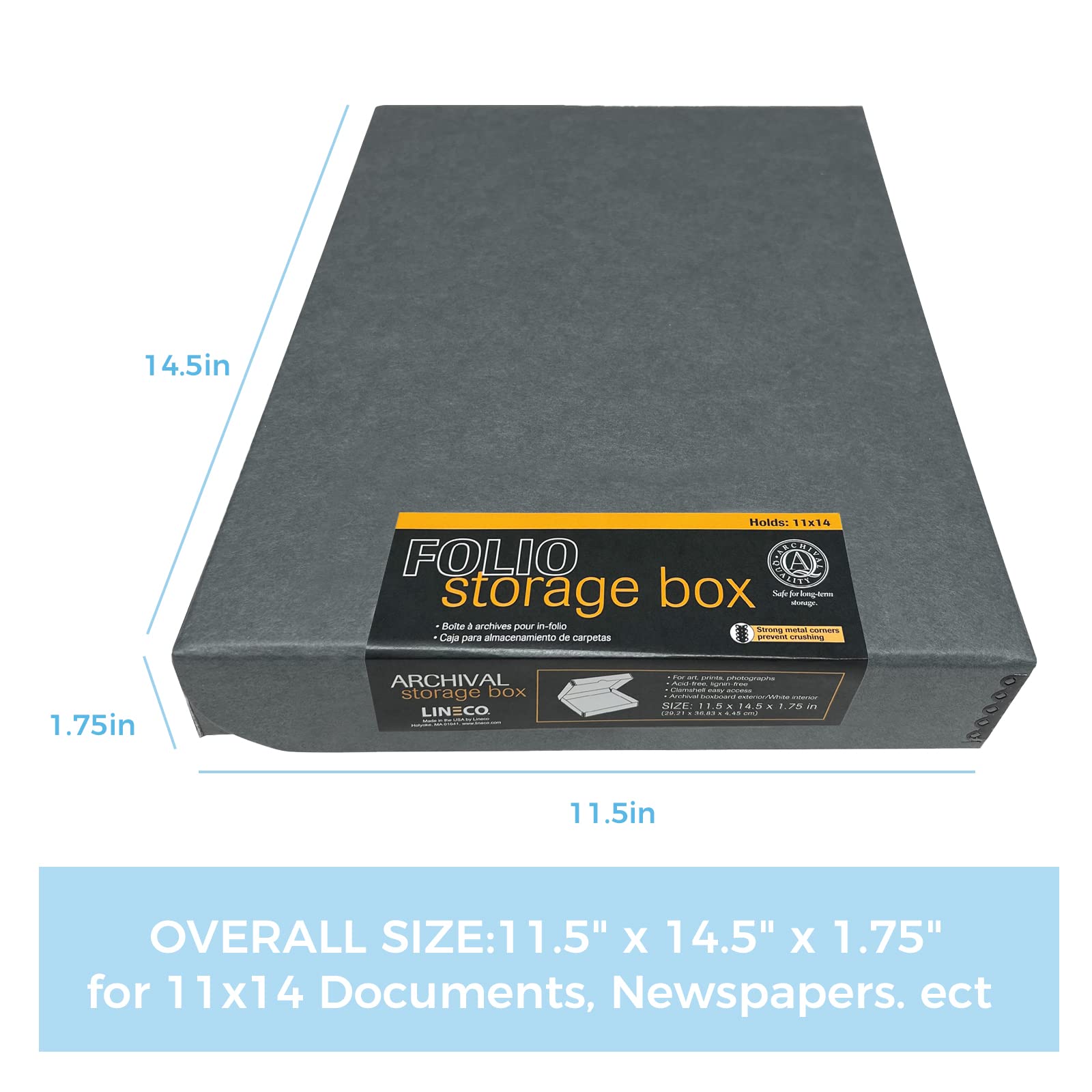 Lineco Folio Storage Box, Clamshell Design With Metal Edge. 11.5X14.5X1.75, Archival Boxboard, Preserve Photos, Prints, Cards, Magazines, Documents, Art, Ephemera, Family Records, Gray, Pack Of 2