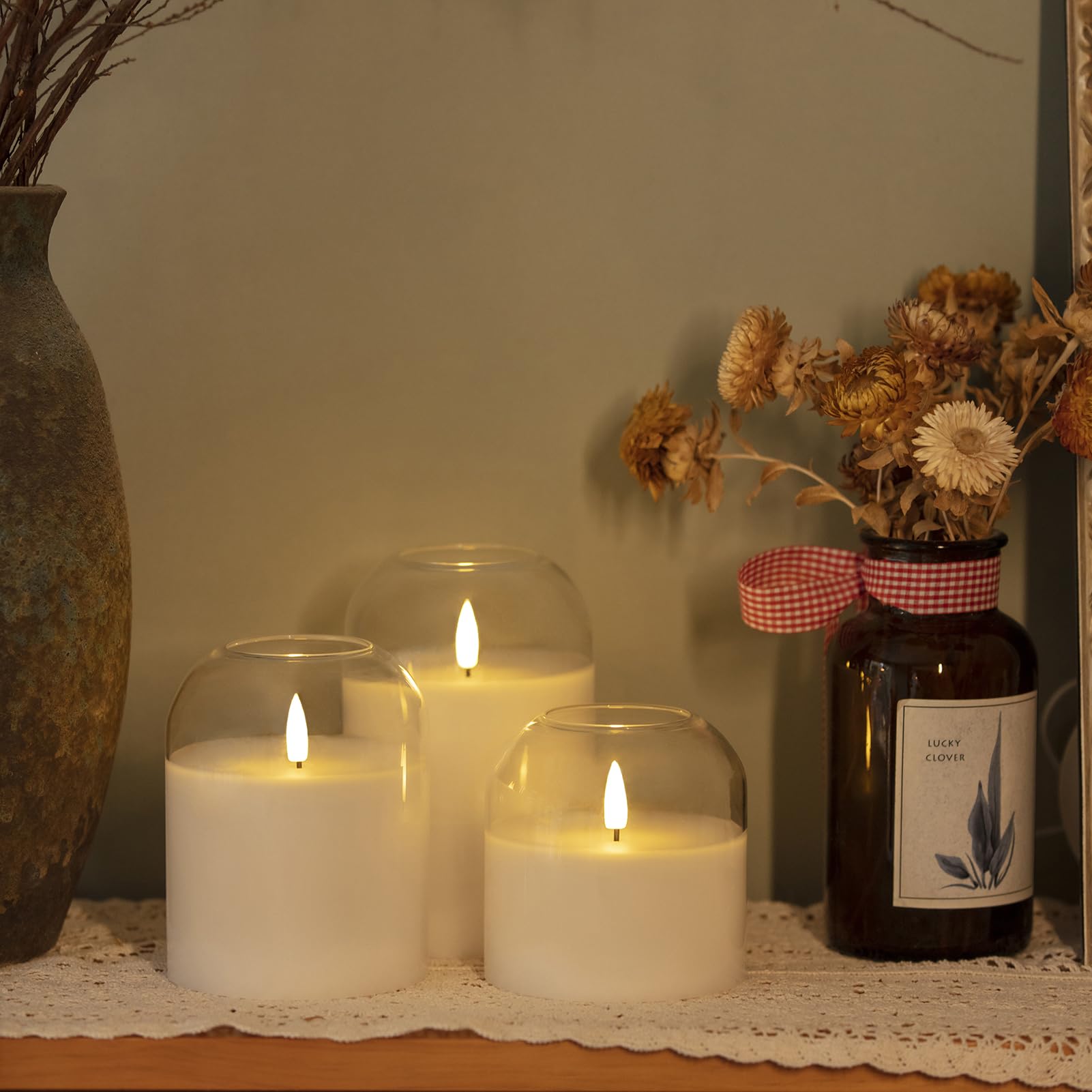 Volnyus White Glass Flameless Candles Set Of 3 (F 4'' H 4'' 5'' 6'') With Remote Battery Operated Flickering Led Pillar Candles