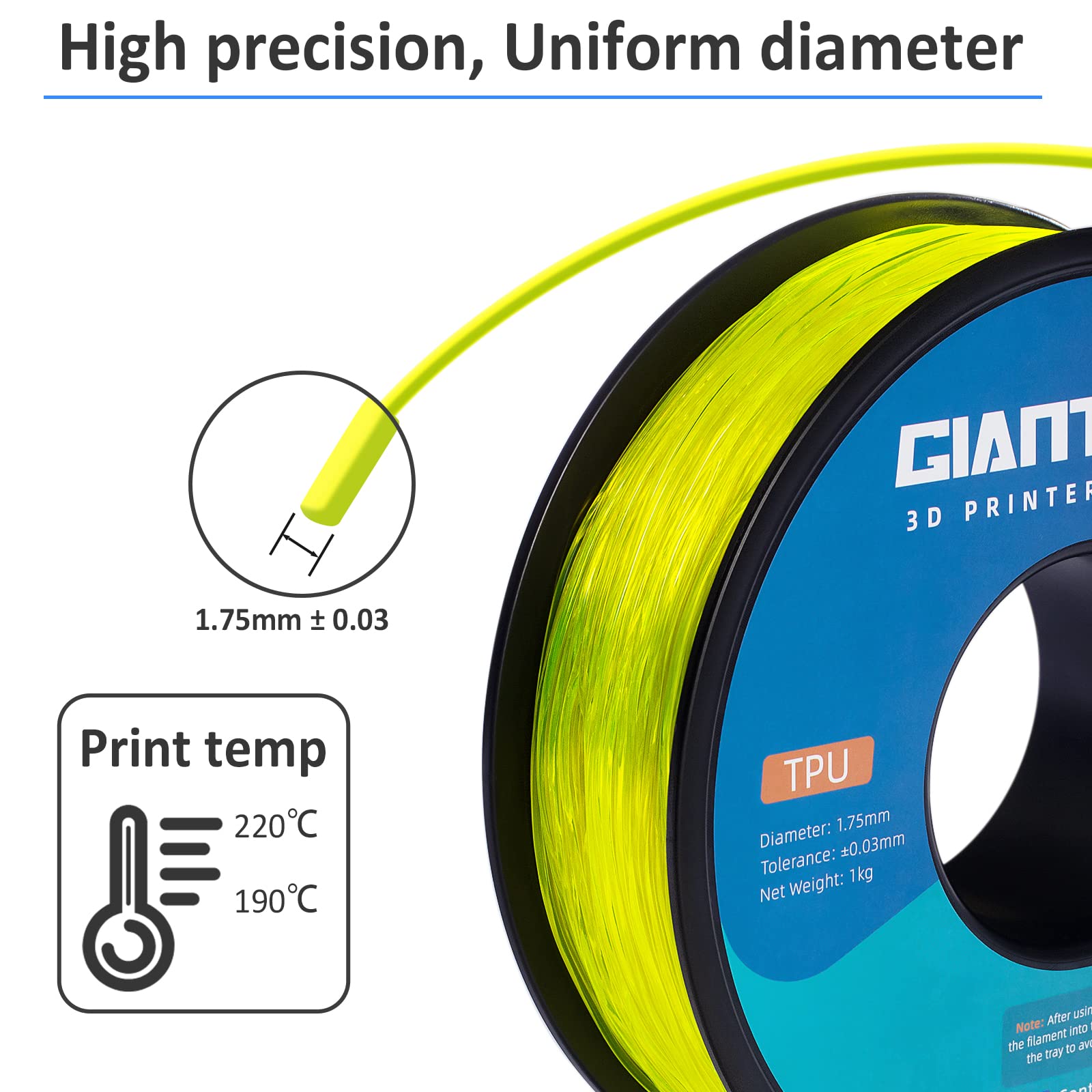 Giantarm Tpu Filament 1.75Mm Flexible Soft 3D Printer Consumables Grass Yellow,95A 1Kg Spool (2.2 Lbs.), Dimensional Accuracy +/
