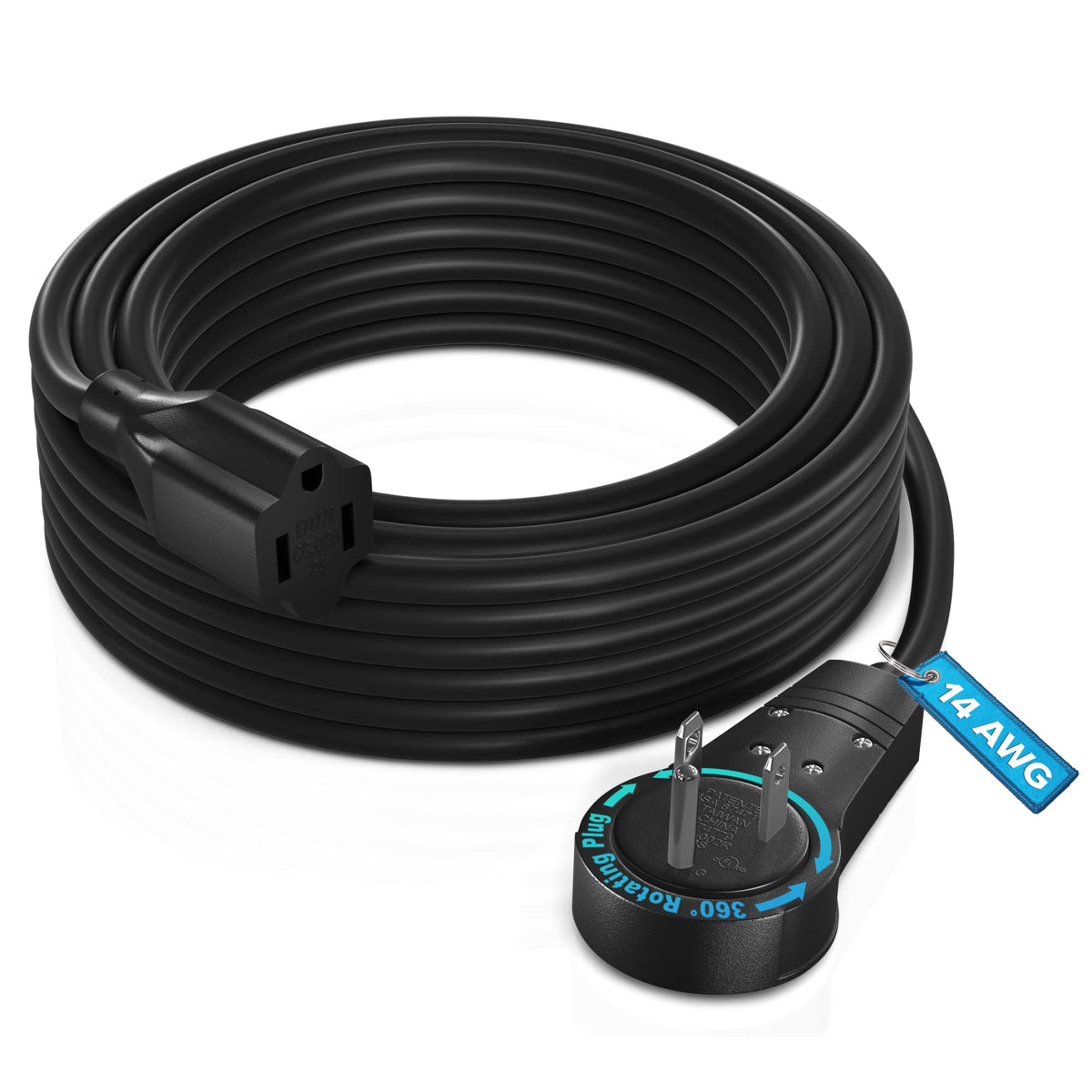 Maximm Cable 30 Feet 14Awg 360 Rotating Flat Plug Extension Cord/Wire, 3 Prong Grounded Wire, Heavy Duty Extension Cord   Ul Cer