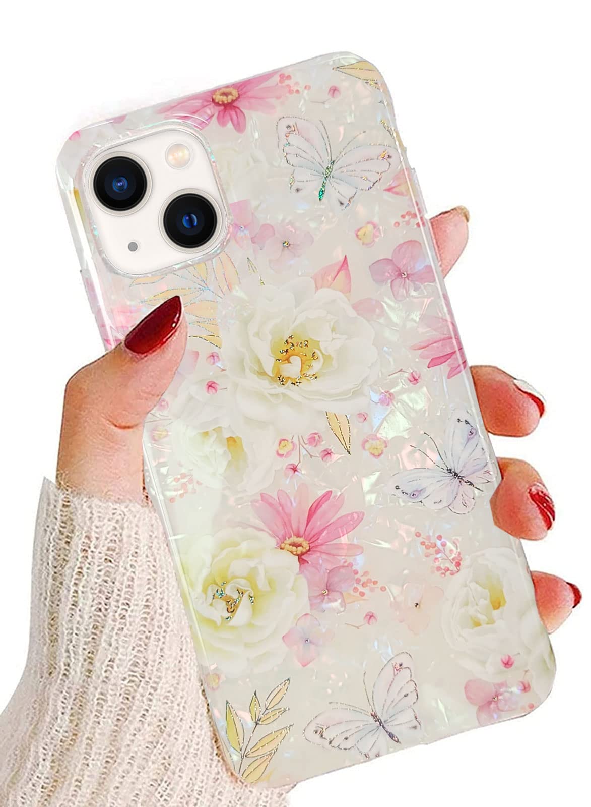 J.West Iphone 13 Case 6.1 Inch,Luxury Sparkle Glitter Translucent Soft Clear Colorful Opal Pearly Thinfoil Design Shiny Floral P