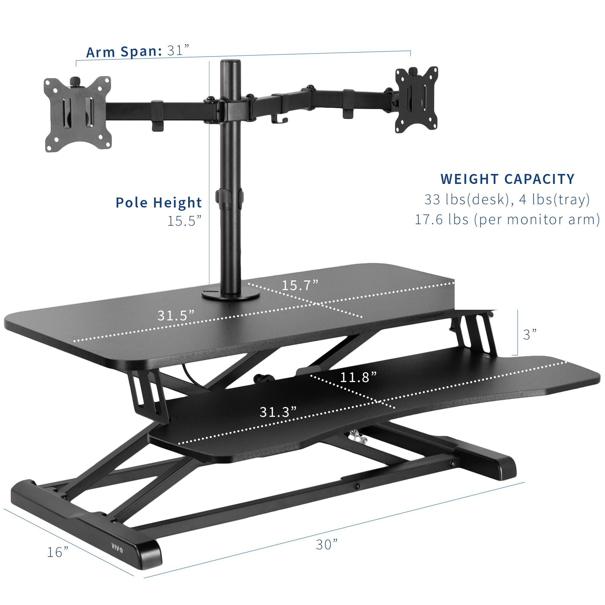 VIVO Height Adjustable 32 inch Standing Desk Converter with Dual 13 to 30 inch Monitor Stand, Sit Stand Monitor Mount and Desk Riser, Black, DESK V000K M2