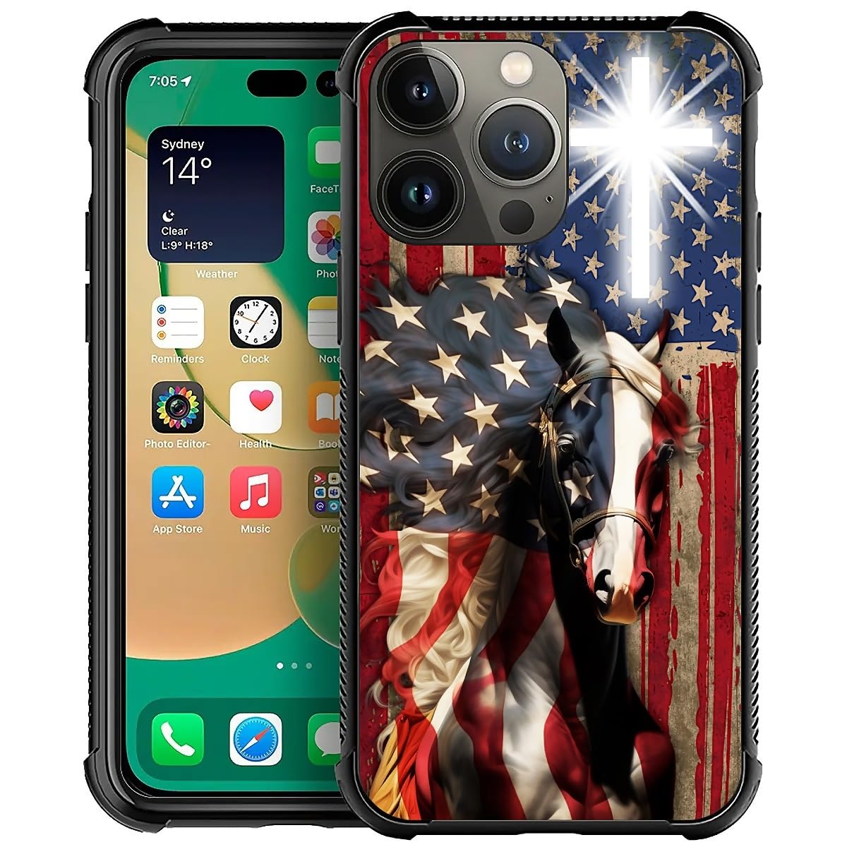 Fkbrcl4U For Iphone 14 Pro Case, Red American Flag Horse Cross Pattern Graphic Design Girl Boy Soft Silicone Hard Acrylic Shock 