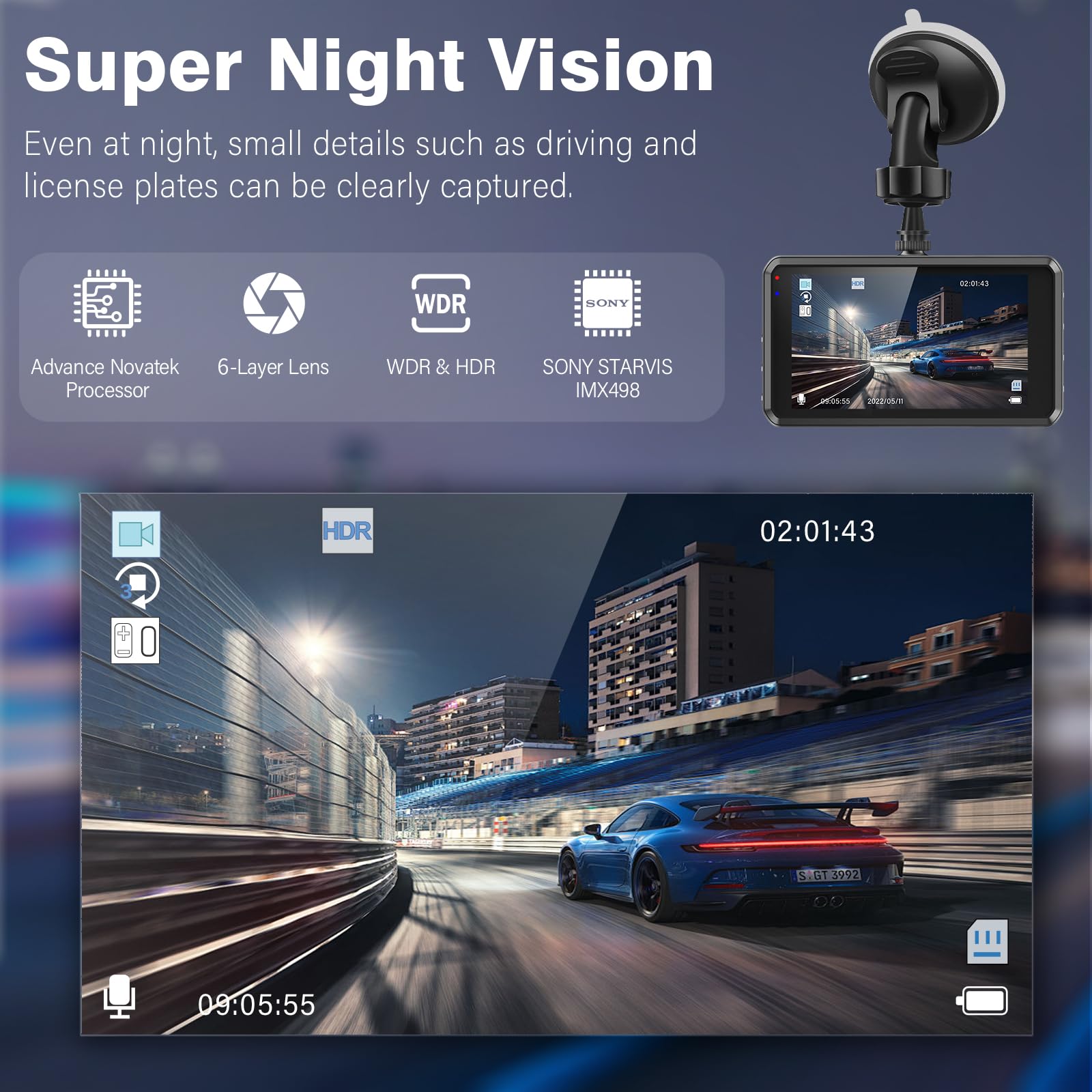 Shrinluck 2K Dual Dash Camera For Cars, Free 64G Sd Card, Fhd 2K+1080P Dash Cam Front And Rear,3.2'' Ips Screen,176 Wide Angle D