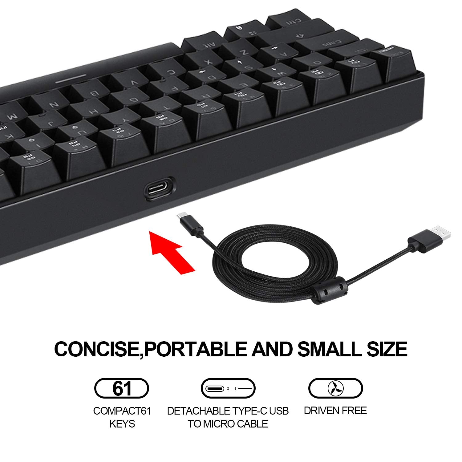 Motospeed 60% Mechanical Keyboard Portable 61 Keys Rgb Led Backlit Type C Usb Wired Office/Gaming Keyboard For Mac, Android, Win