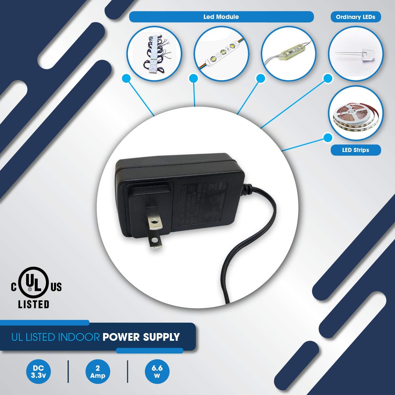 Demasled   Power Supply Dc 3.3V 2A 6.6W Plug Type A: (Id 2.1Mm | Od 5.5Mm). For Led Lights Strips, Breadboards, Toys, Blink Came